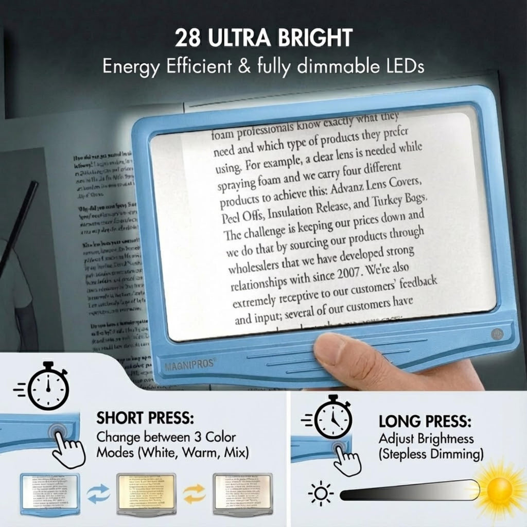 MagniPros 5X Rechargeable LED Page Magnifier – Anti-Glare Lens


