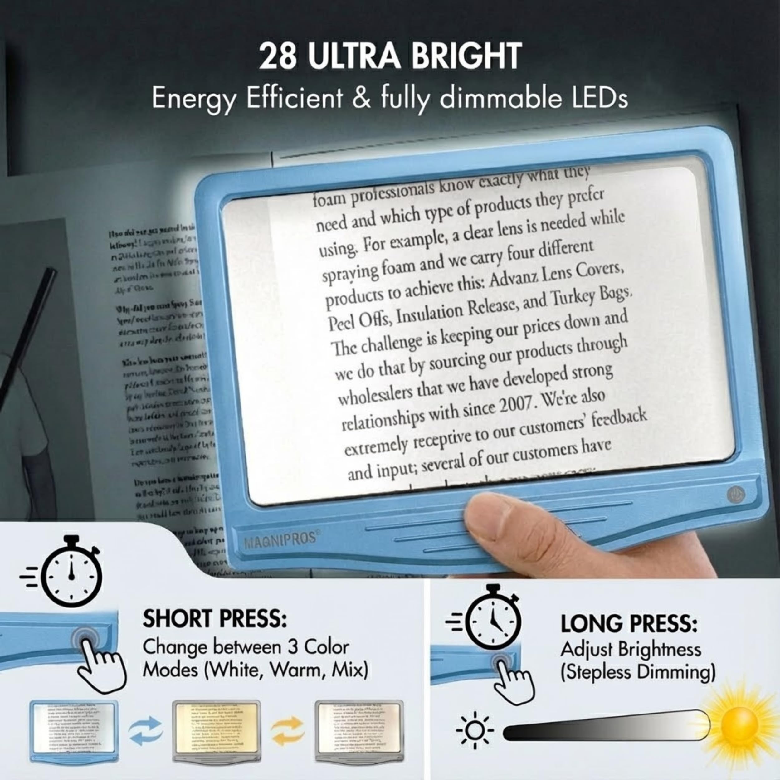 MagniPros 5X Rechargeable LED Page Magnifier – Anti-Glare Lens

