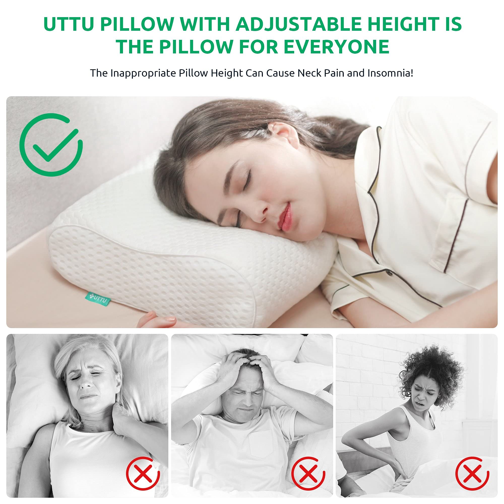UTTU Cervical Pillow for Neck Pain Relief - Adjustable Foam


