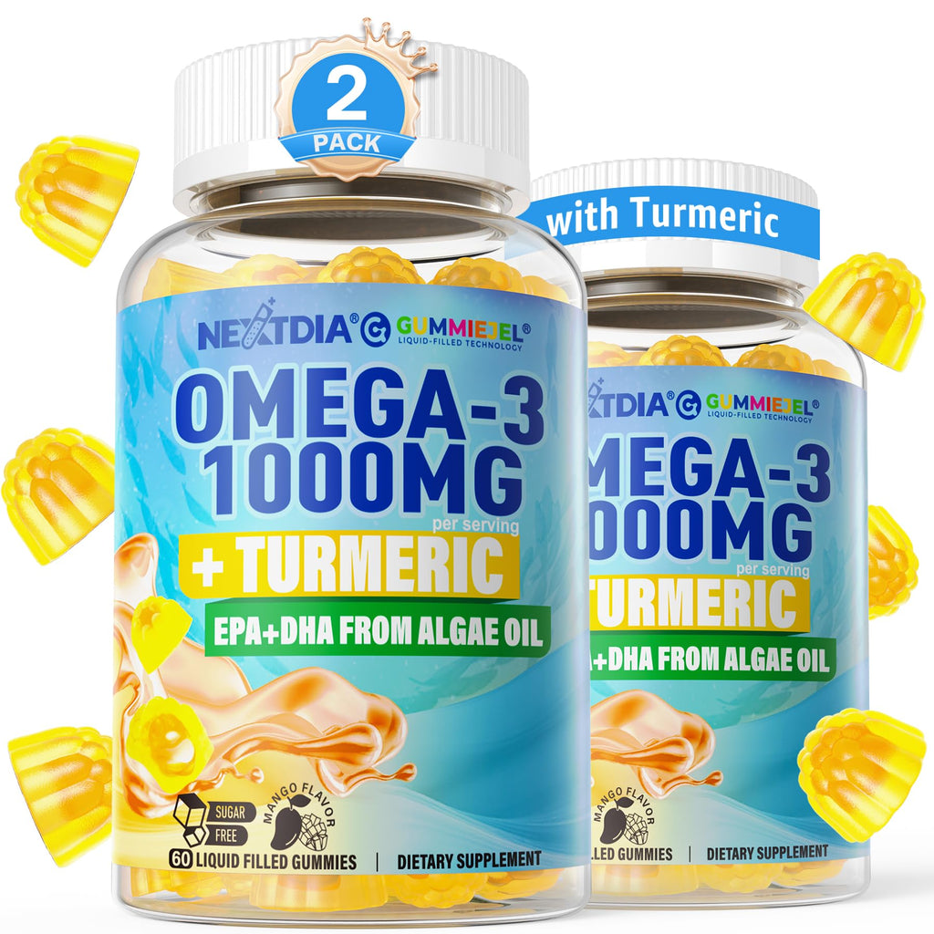 Vegan Omega-3 Gummies with Turmeric - Algae DHA 600mg & EPA 300mg, Sugar Free