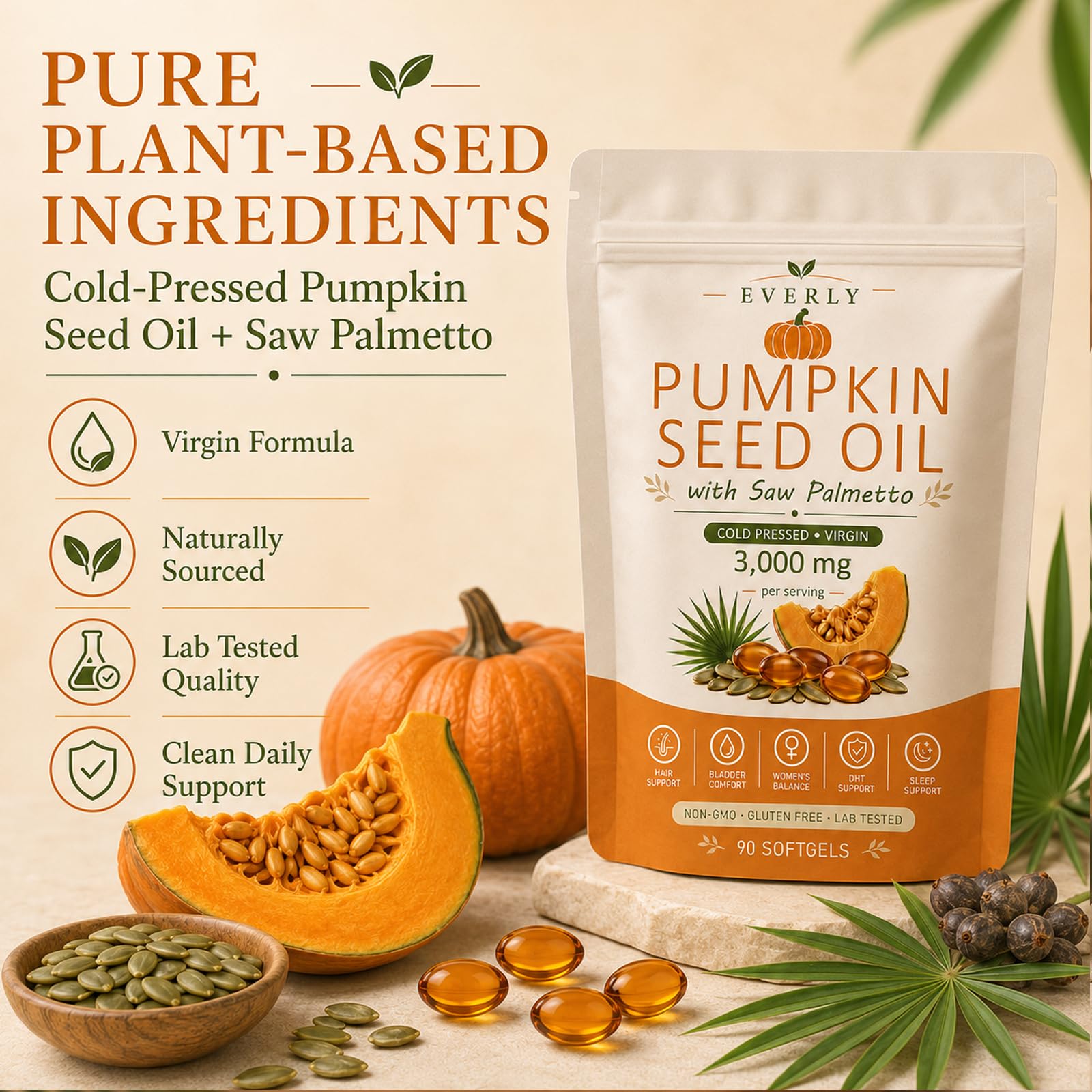 Everly Pumpkin Seed Oil with Saw Palmetto Softgels - Cold Pressed

