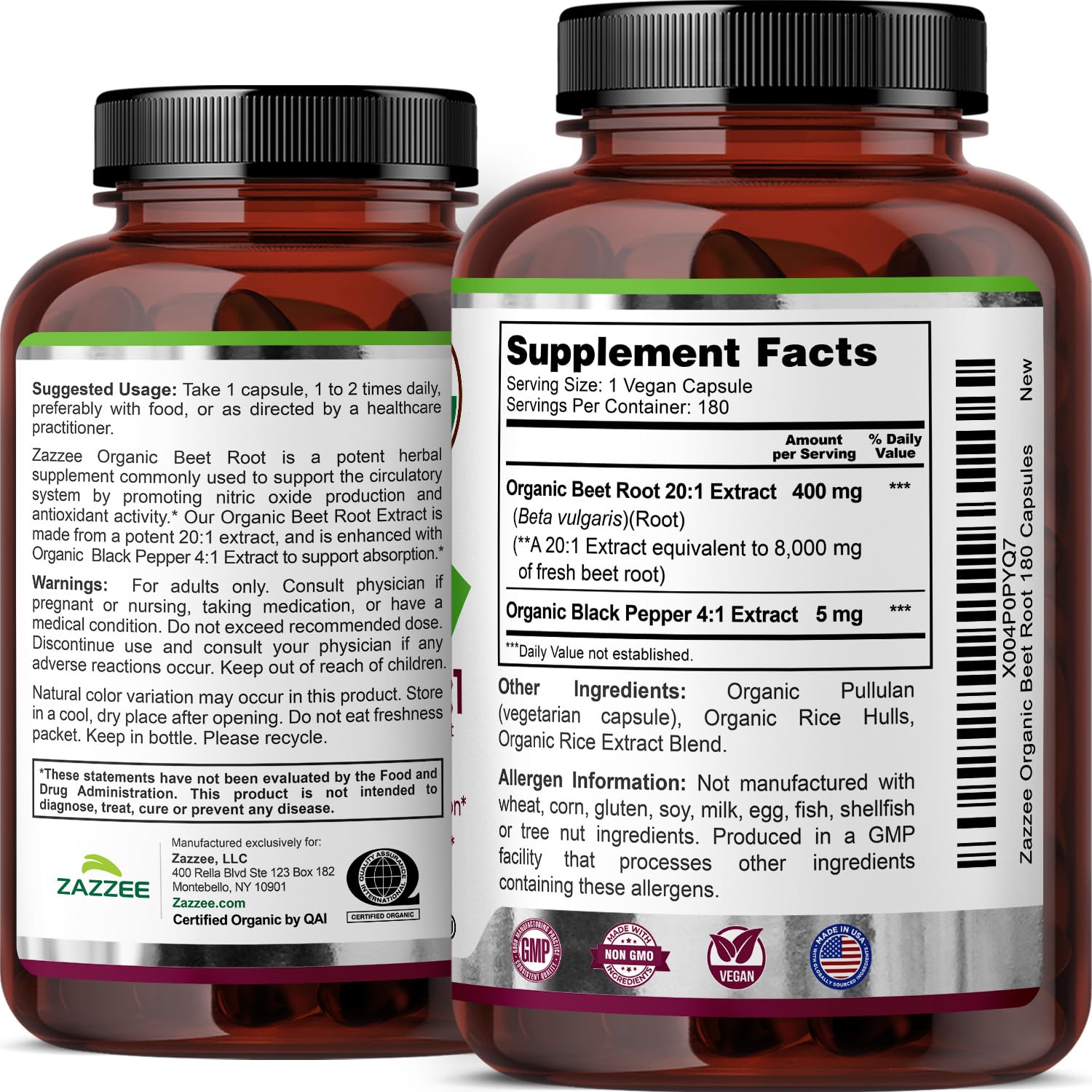 Zazzee USDA Organic Beet Root Extract 20:1 Capsules

