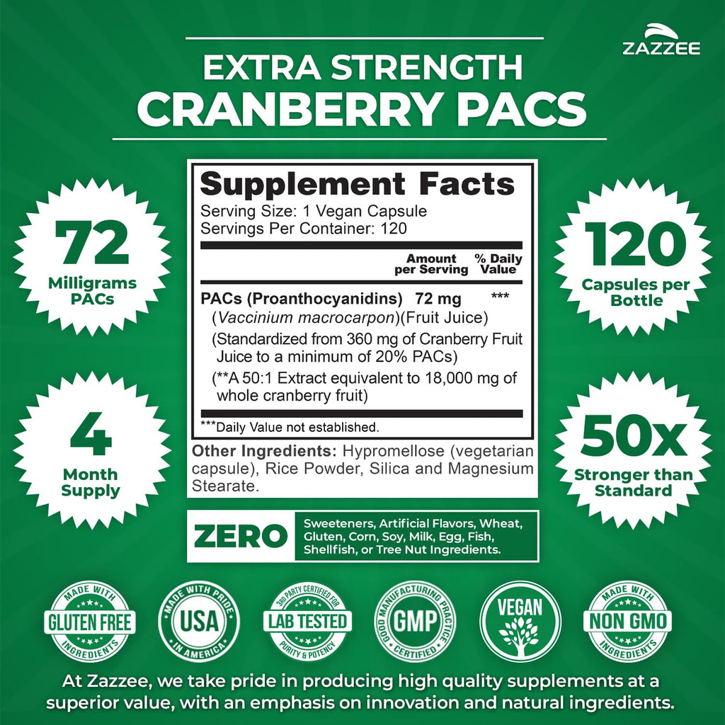 Zazzee Cranberry PACs 72 mg Capsule - 50:1 Extract

