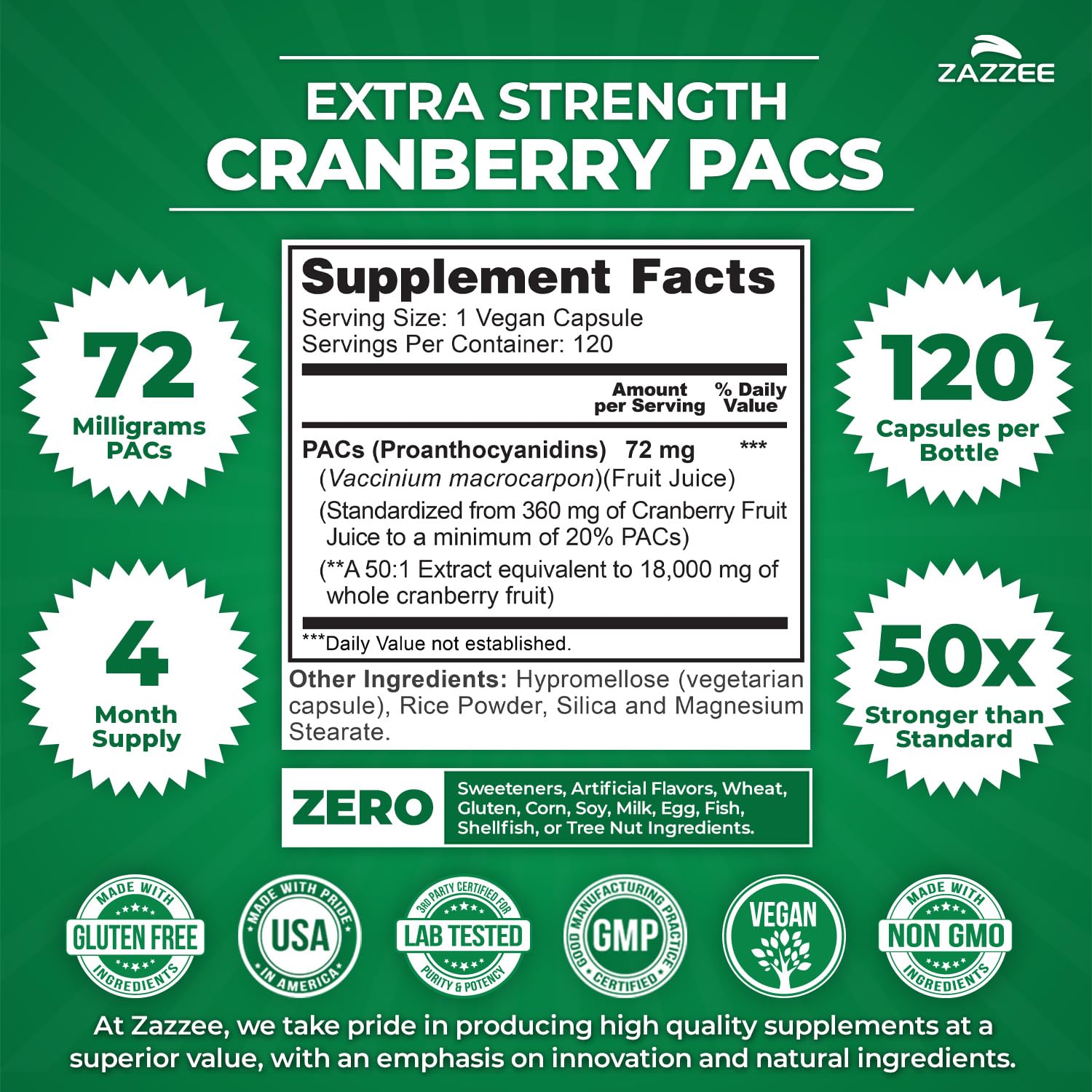 Zazzee Cranberry PACs 72 mg Capsule - 50:1 Extract

