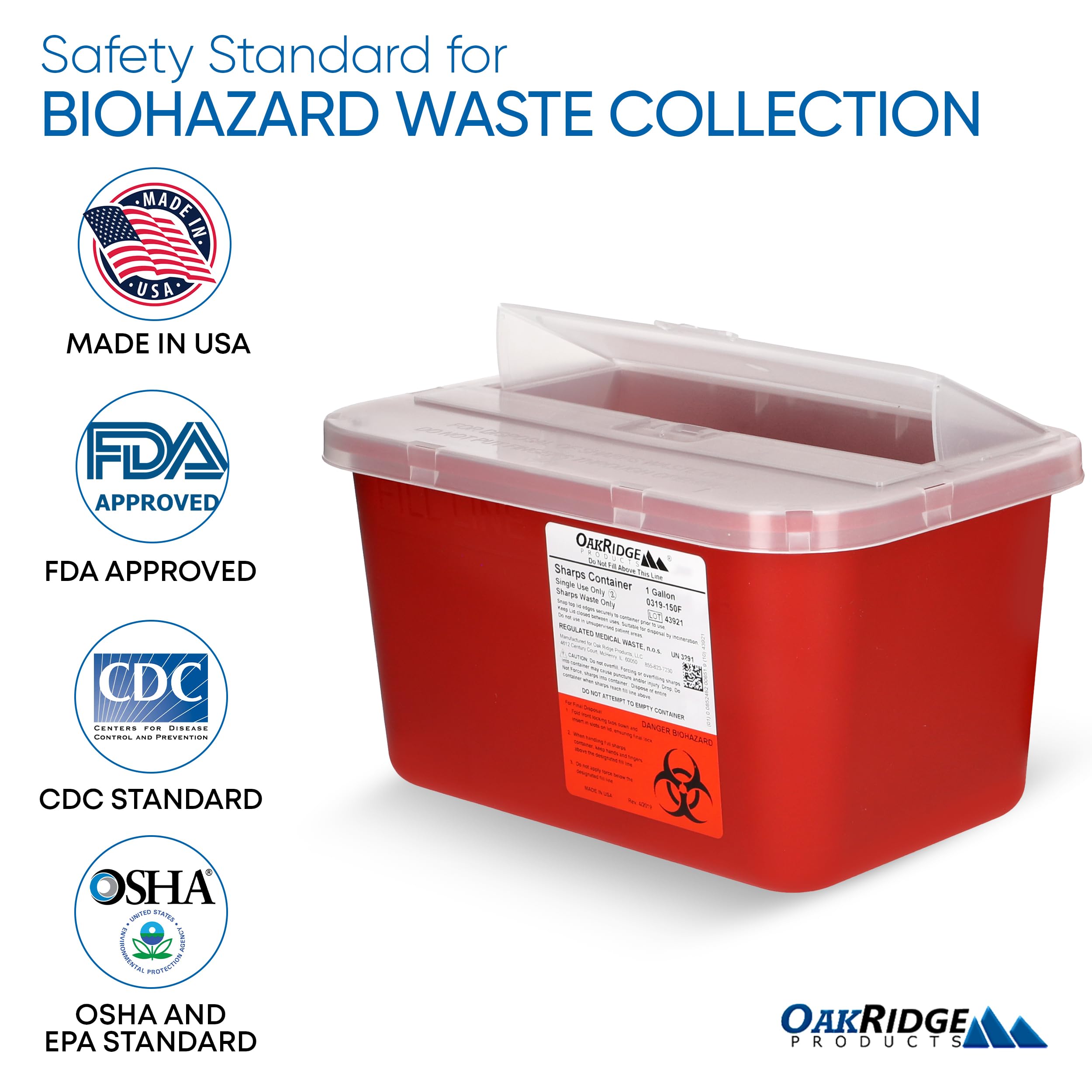 OakRidge Sharps Container with Pop-Up Lid CDC Approved

