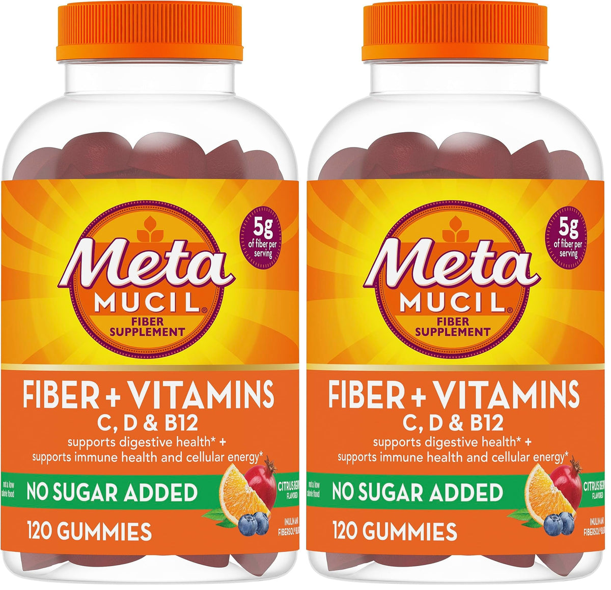 Metamucil Citrus Berry Fiber Gummies with Vitamins C, D & B12 – No Sugar Added