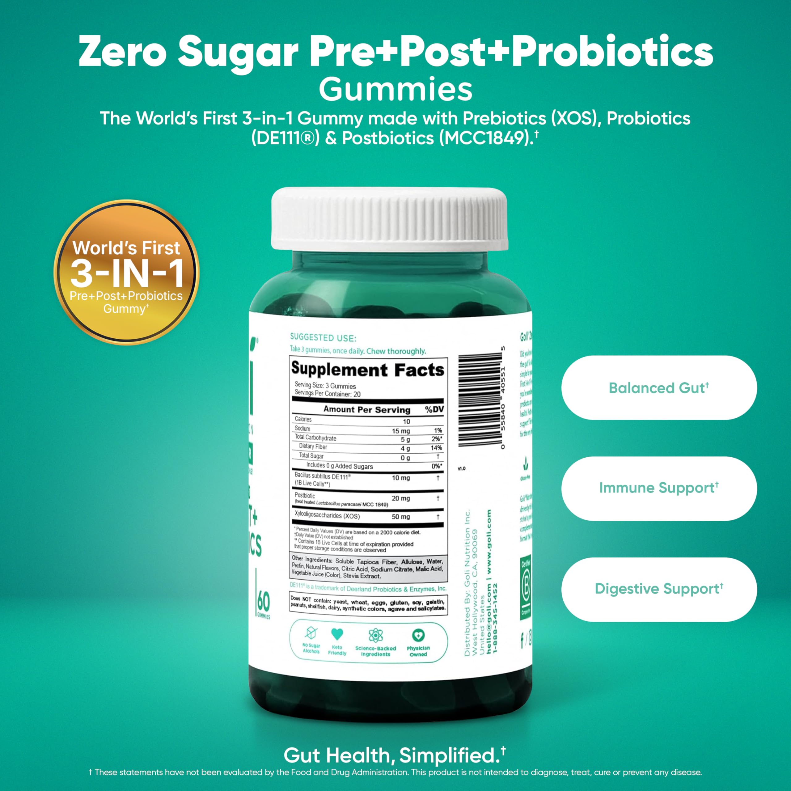 Goli Zero Sugar 3-in-1 Wellness Gummies | Digestive Health

