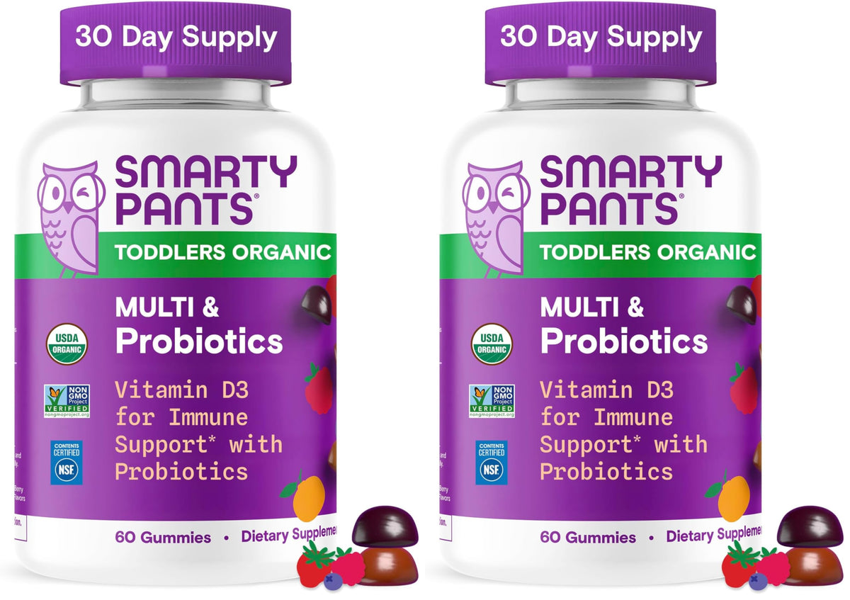 SmartyPants Organic Toddler Multivitamin Gummies - Gluten Free, Three Fruit Flavors