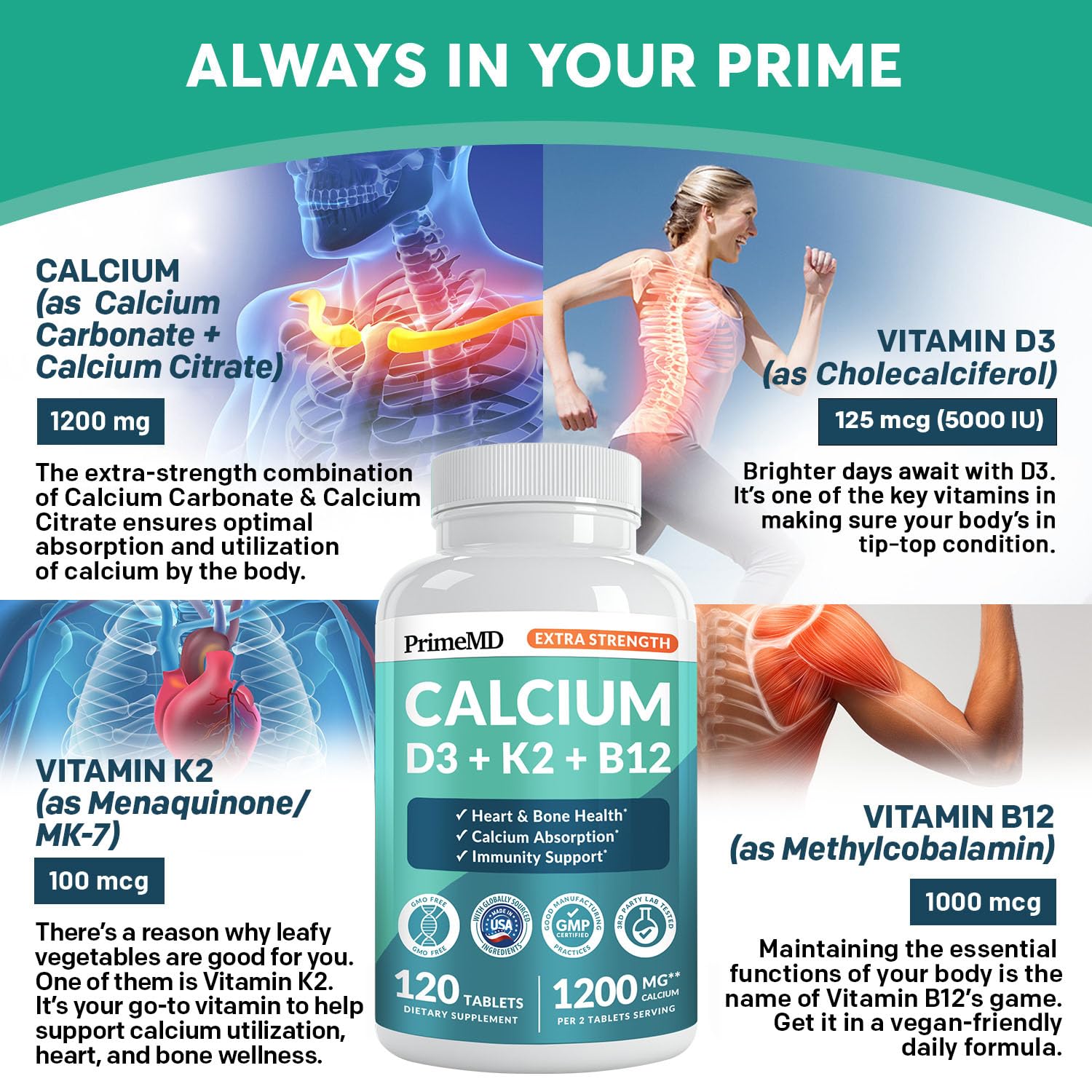 Calcium Supplement 4-in-1 with D3 K2 | Vegan Gluten-Free

