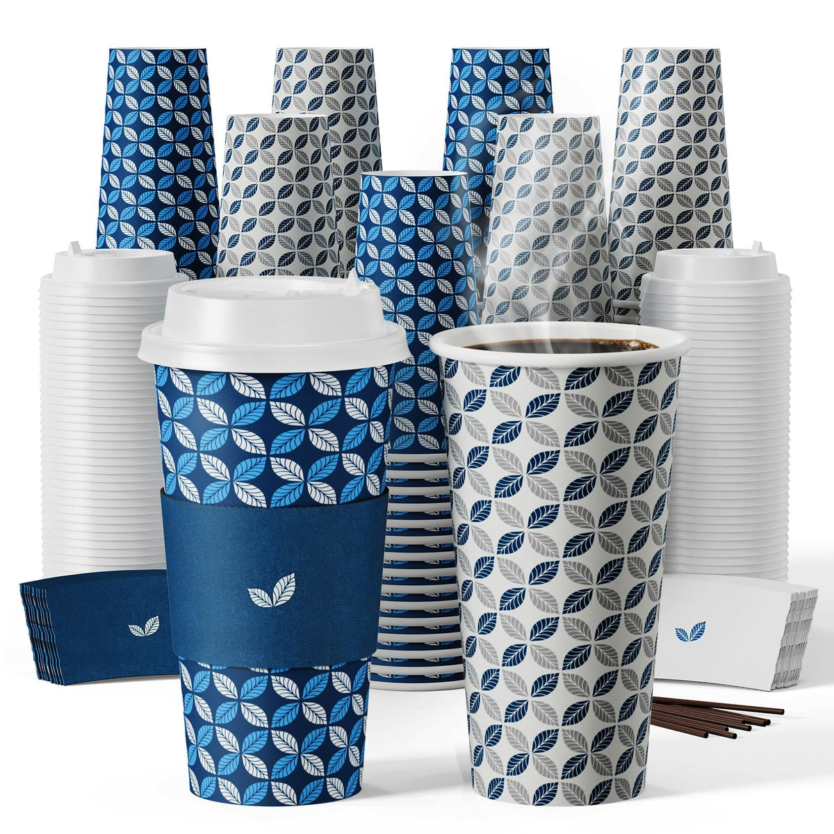 JOLLY CHEF Disposable Coffee Cups with Lids, Sleeves & Stirrers