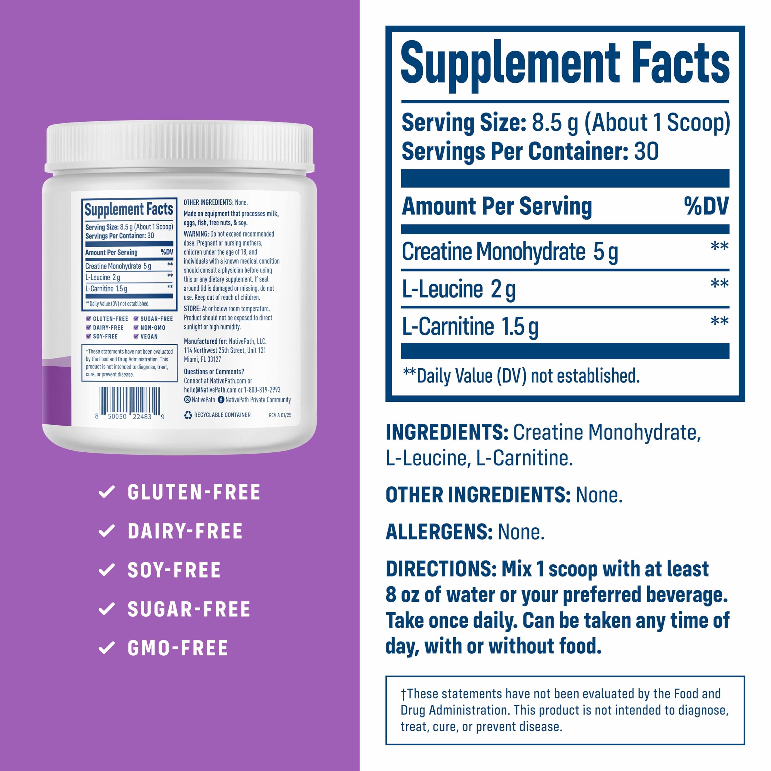 NativePath Creatine Monohydrate Powder L-Leucine L-Carnitine

