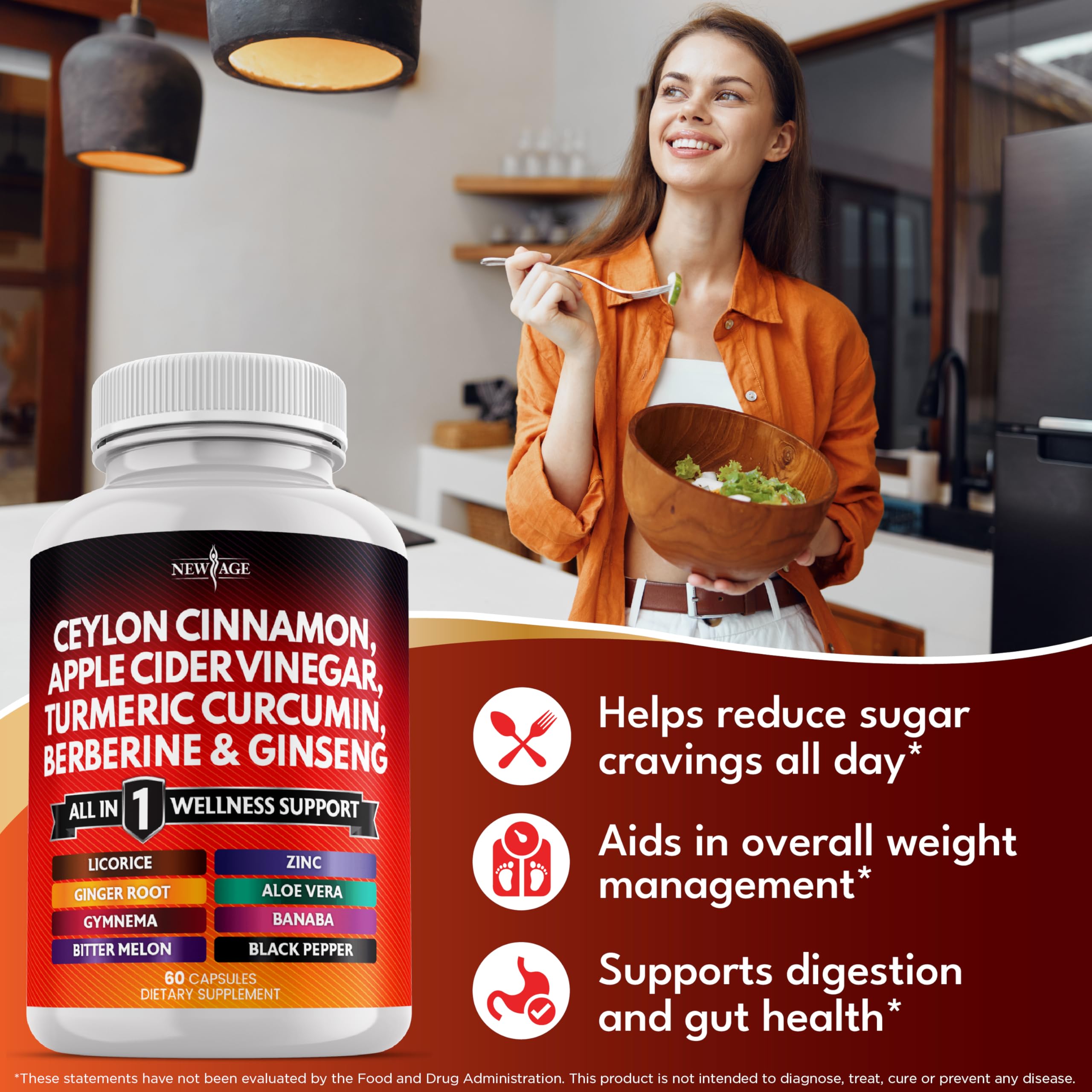 New Age Cinnamon Turmeric Apple Cider Vinegar Ginseng Supplement


