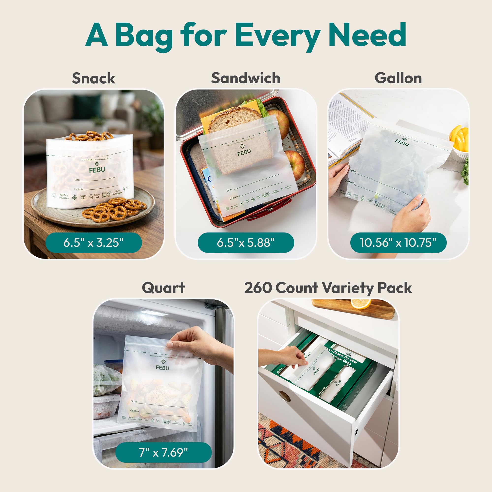 FEBU Compostable Food Storage Bags | PFAS & BPA Free


