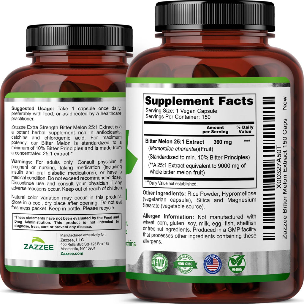 Zazzee Bitter Melon Extract Extra Strength Vegan Capsules

