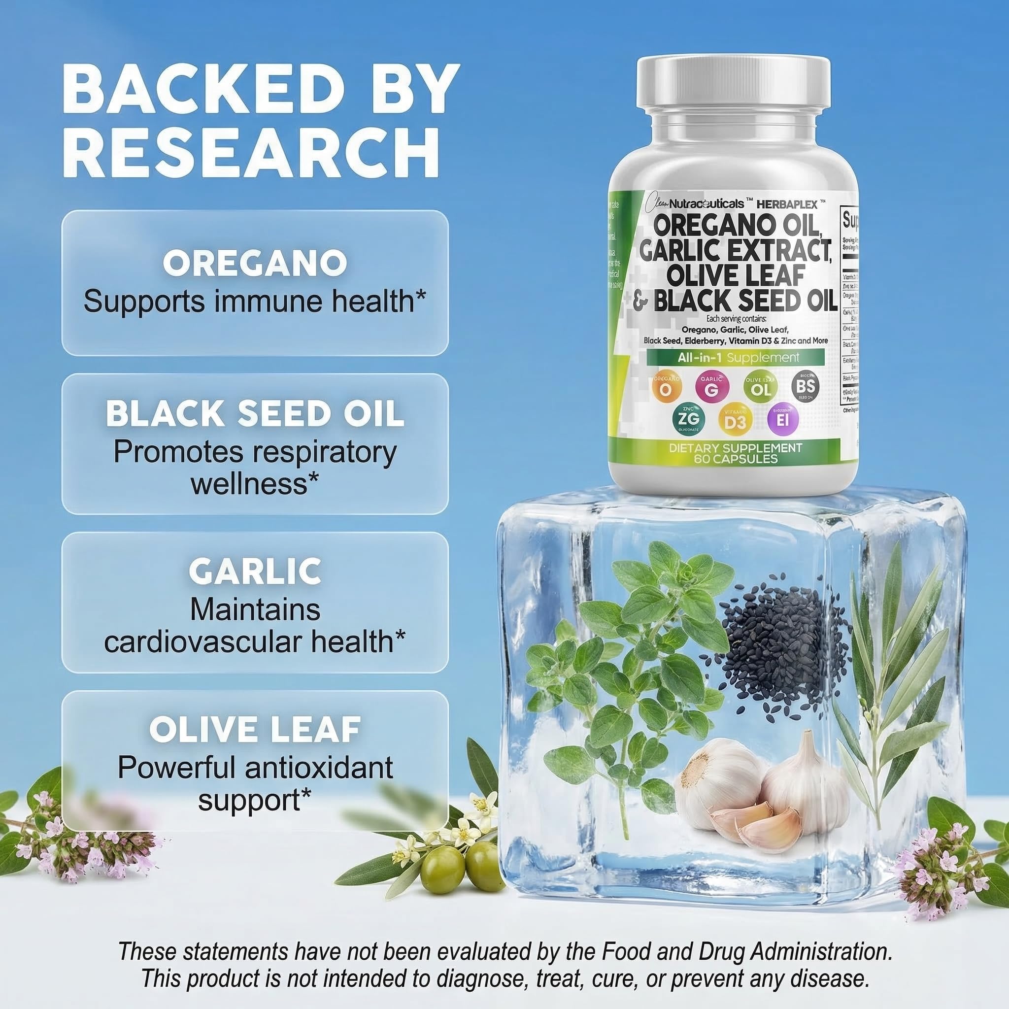 Clean Nutra Oregano Oil Immune Support Garlic Olive Leaf

