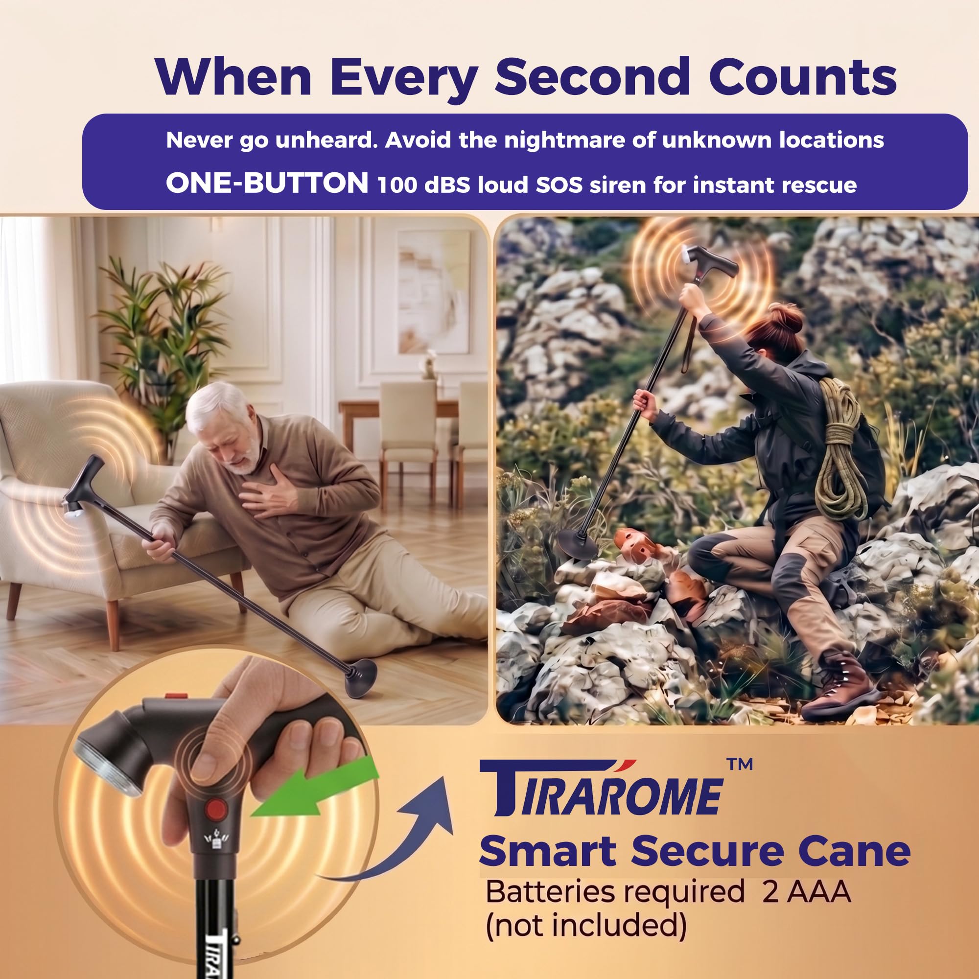 TIRAROME 3-in-1 Folding Walking Cane with Alarm

