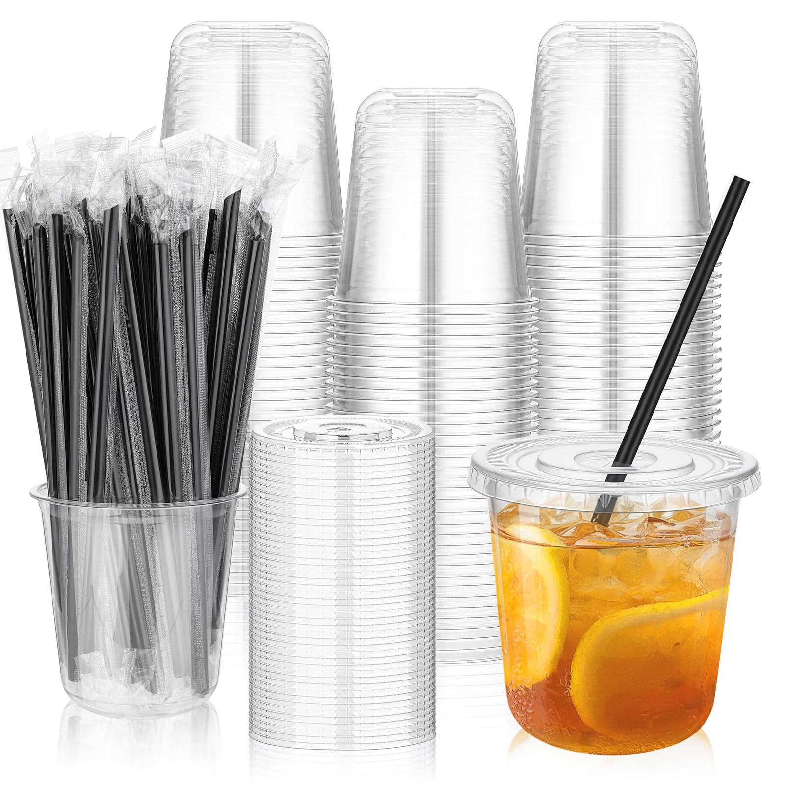 tchrules 100-Set Plastic Cups with Lids and Straws