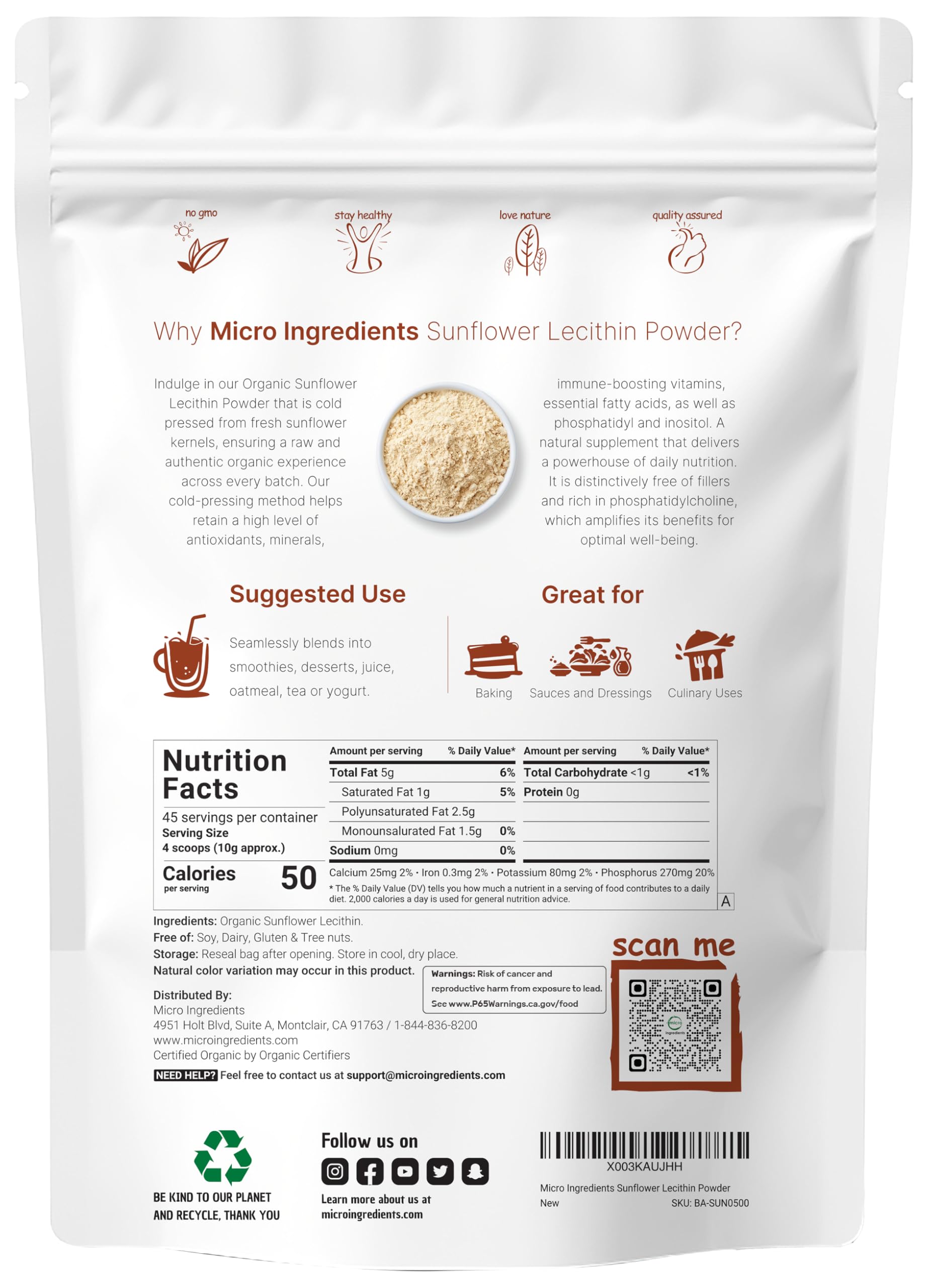 Organic Sunflower Lecithin Powder – Non-GMO, Cold-Pressed

