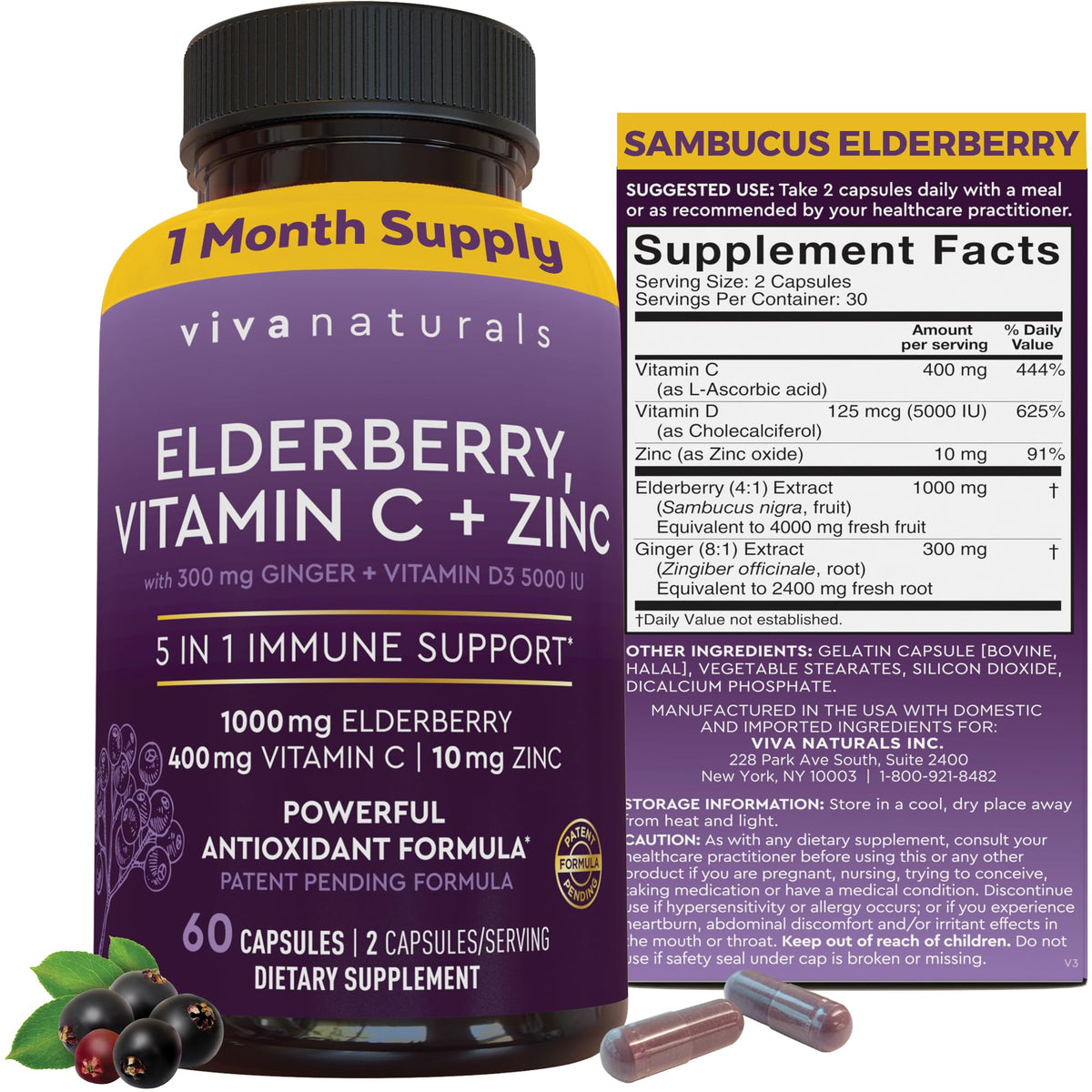 Viva Naturals Elderberry 5-in-1 Immune Support Capsules with Vitamin C D3 Zinc