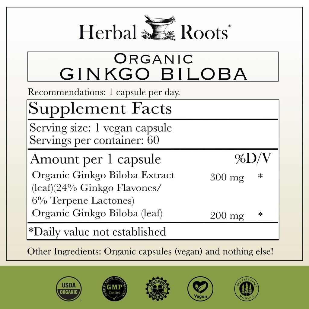 Herbal Roots Ginkgo Biloba Organic Herbal Supplement

