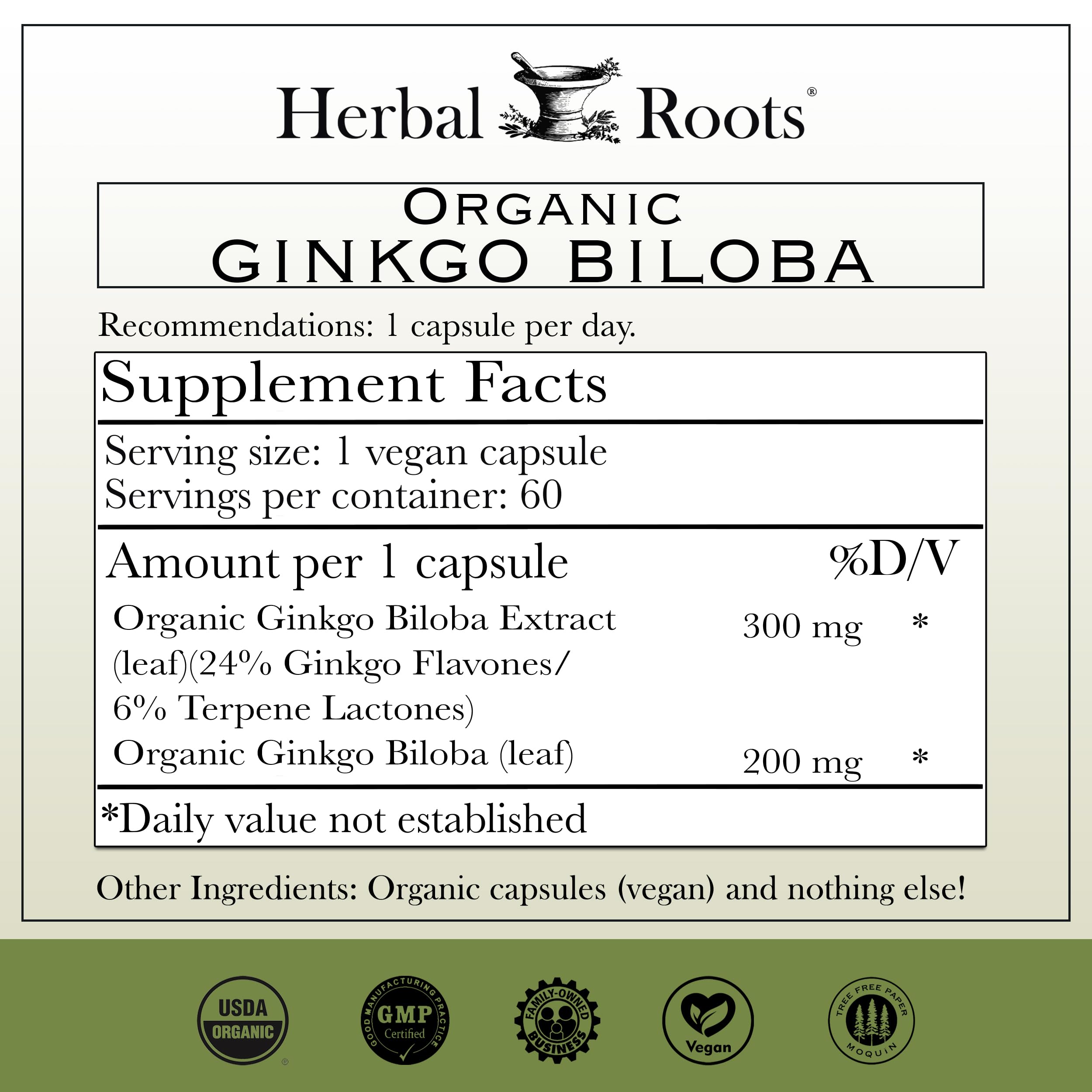 Herbal Roots Ginkgo Biloba Organic Herbal Supplement


