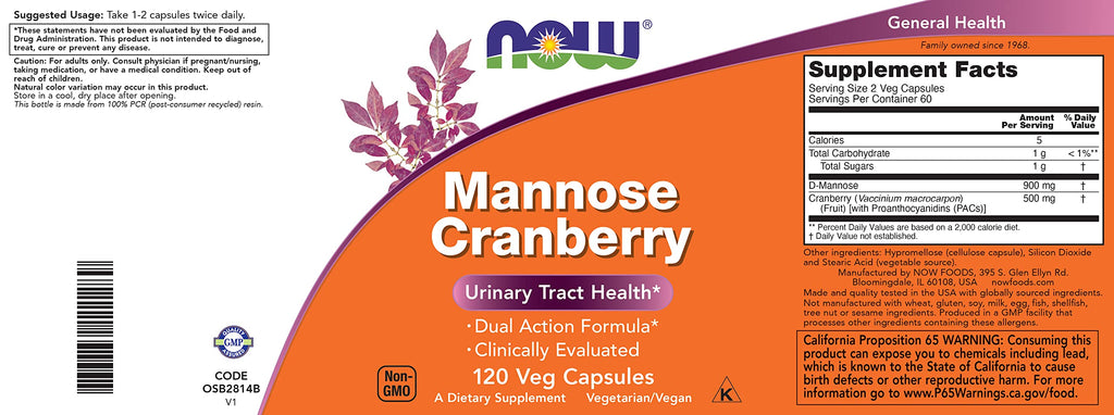 NOW Foods Mannose Cranberry Urinary Tract Health | Vegan

