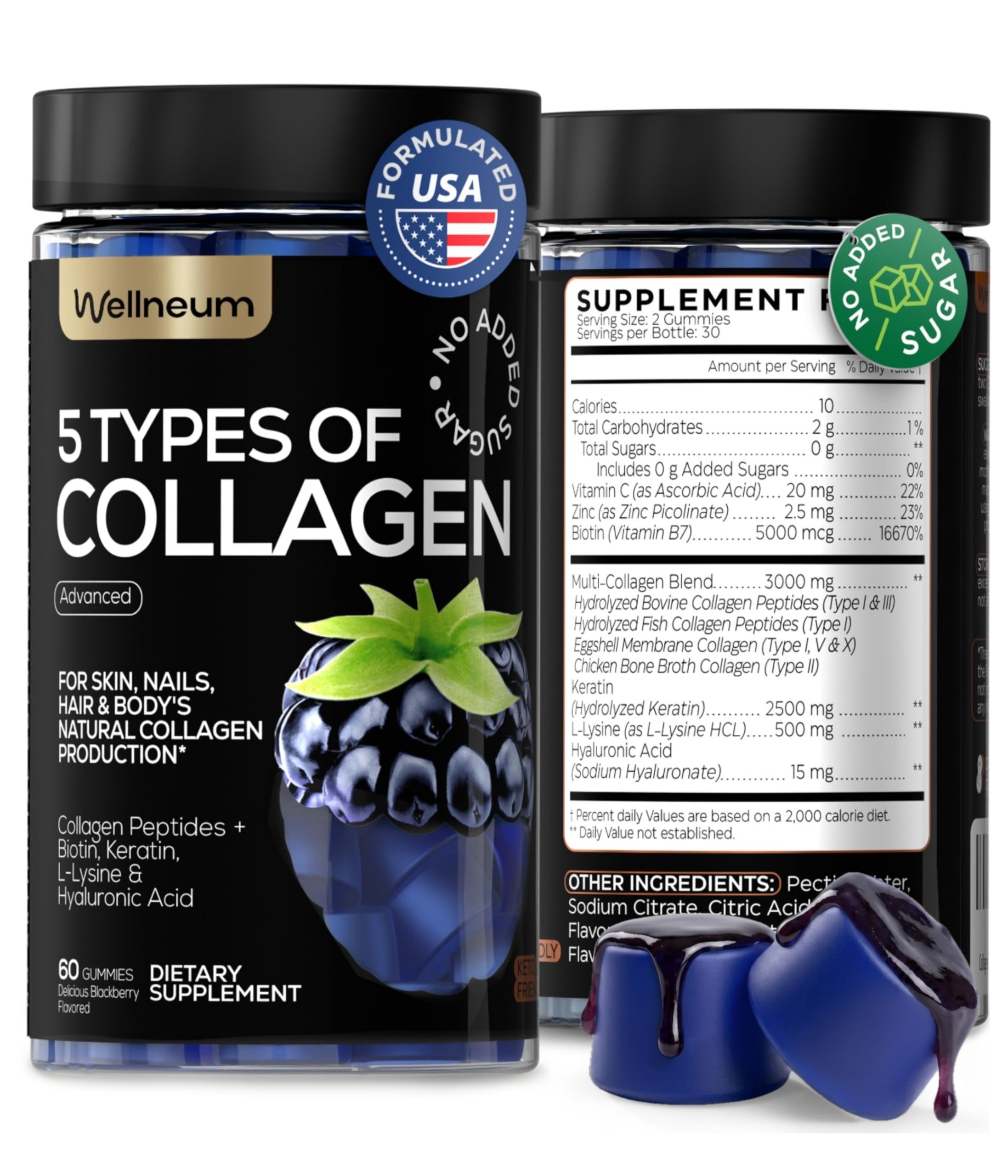 Collagen Gummies Sugar Free with Multi-Collagen, Keratin, Hyaluronic Acid & Vitamin C & Zinc


