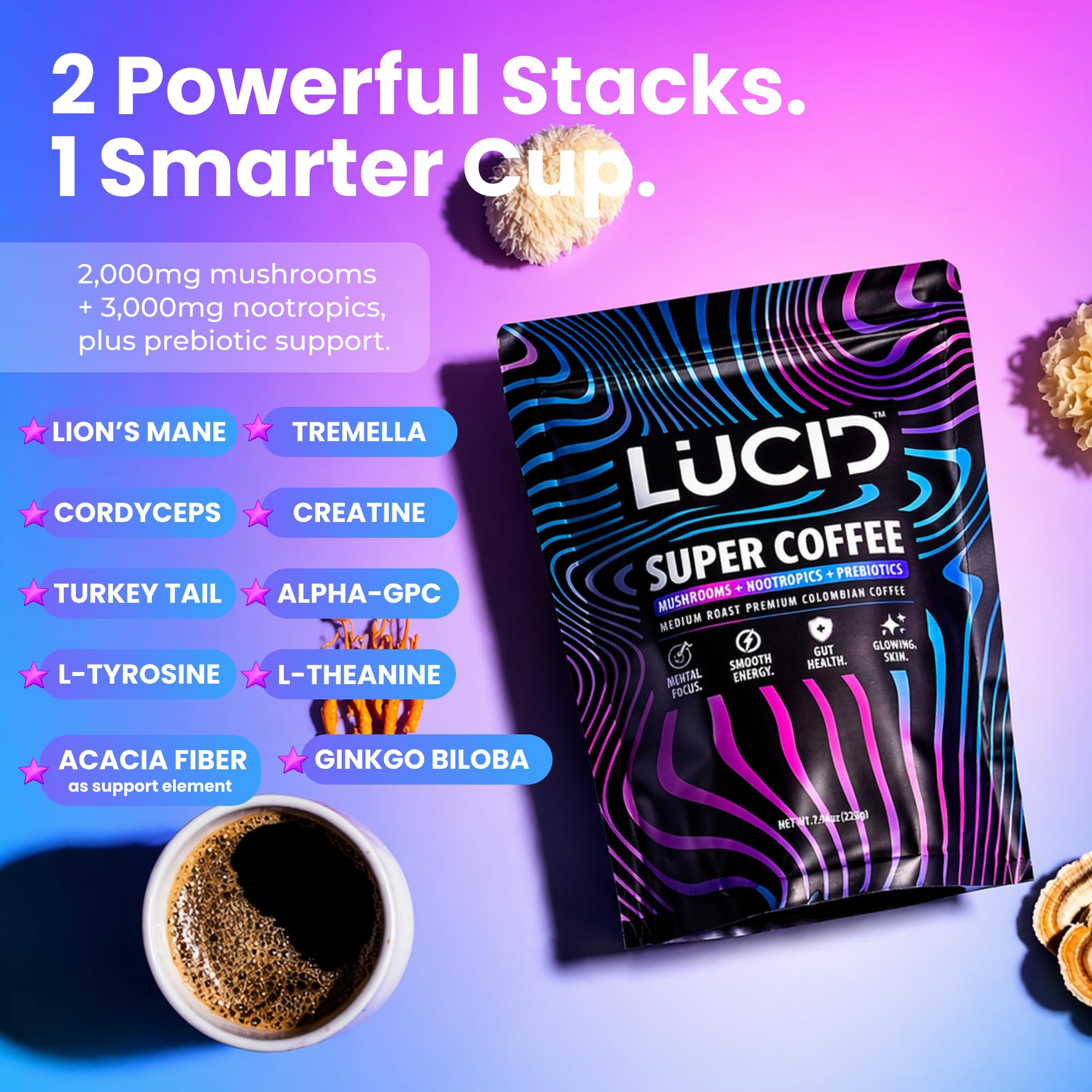 Mushroom Nootropics Blend for Focus - by Lucid - USA Made

