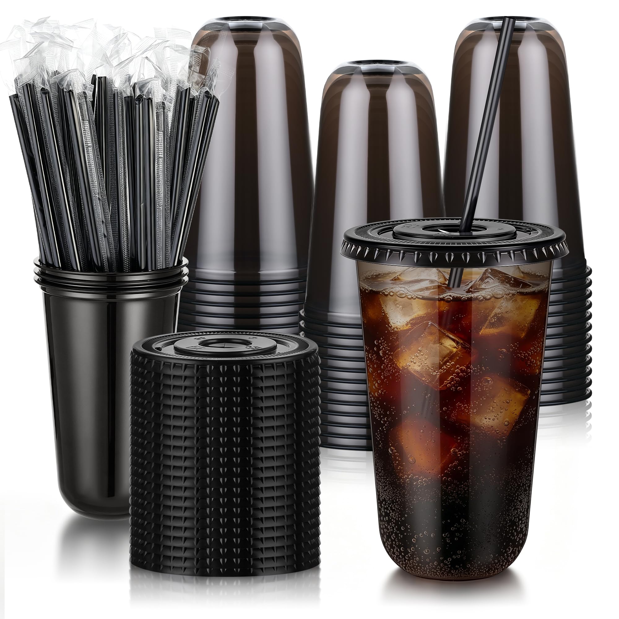 tchrules 100-Set Plastic Cups with Lids and Straws