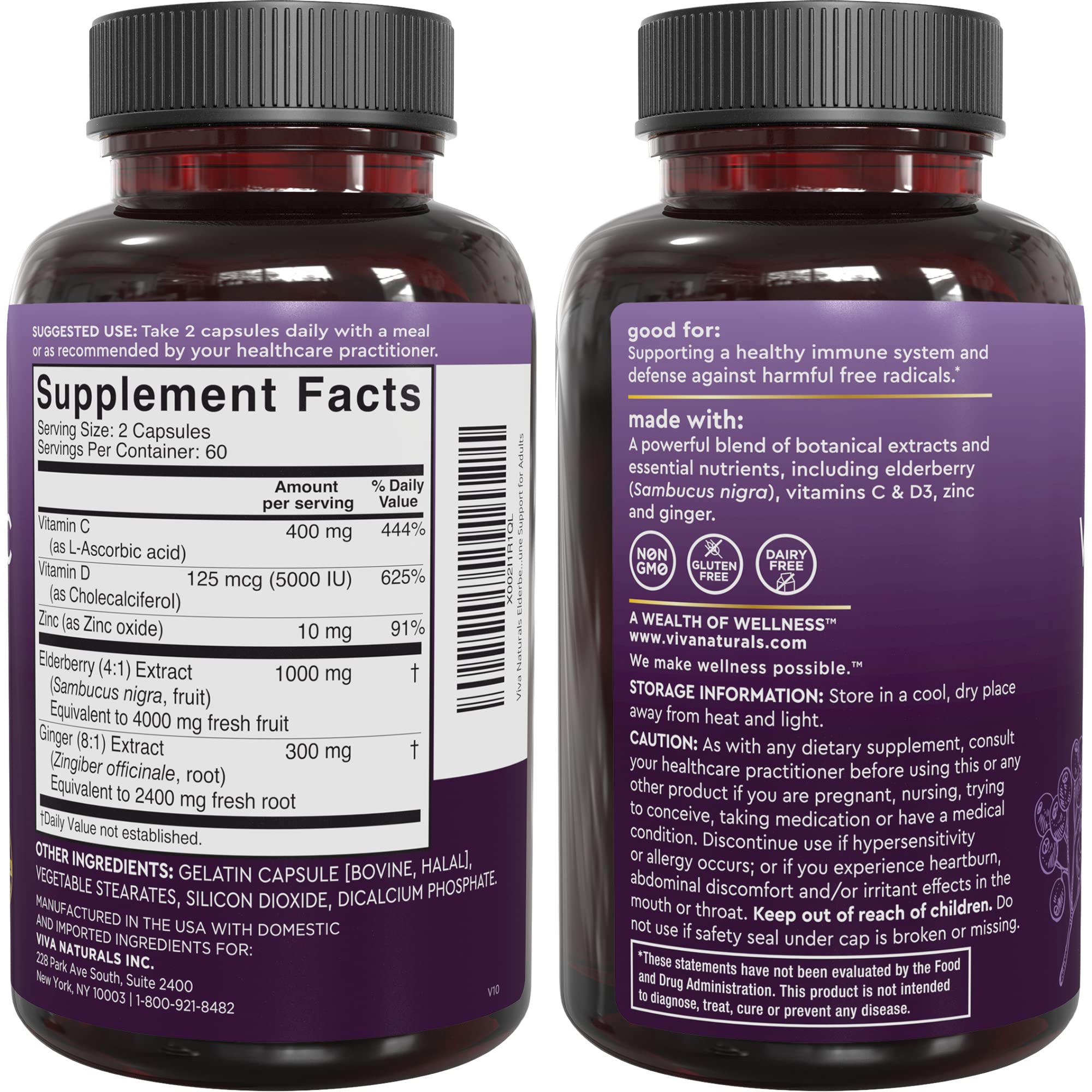 Viva Naturals Elderberry Immune Support Vitamin C D3 Zinc

