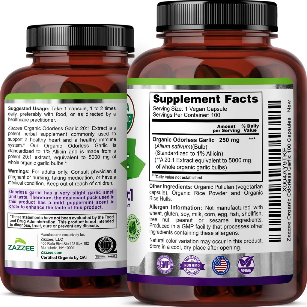 Garlic Extract by Zazzee: Organic Odorless 20:1 Allicin

