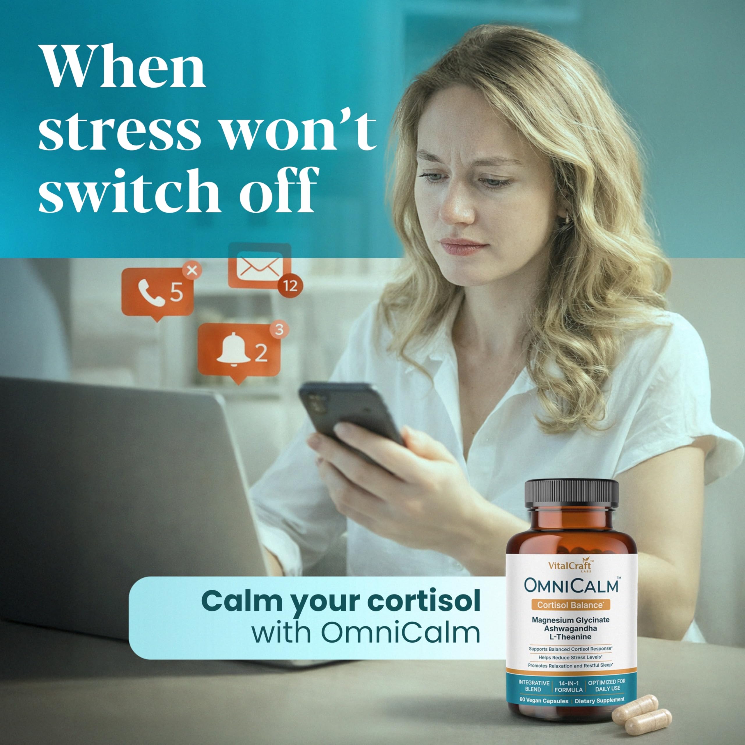 OmniCalm Cortisol Support Supplement | Stress & Sleep

