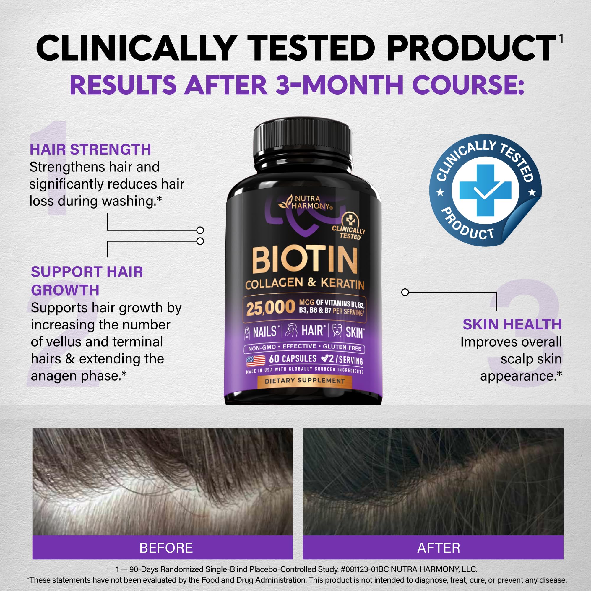 Hair Growth Vitamins by NutraHarmony Biotin Collagen Keratin

