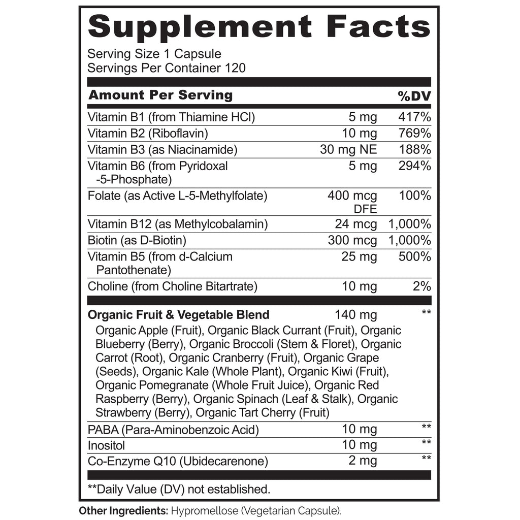 NATURELO Vitamin B Complex - Vegan CoQ10 & Methyl Folate

