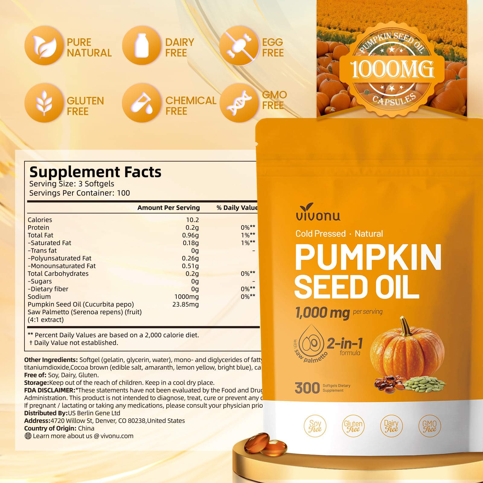 VivoNu Pumpkin Seed Oil with Saw Palmetto - Cold Pressed

