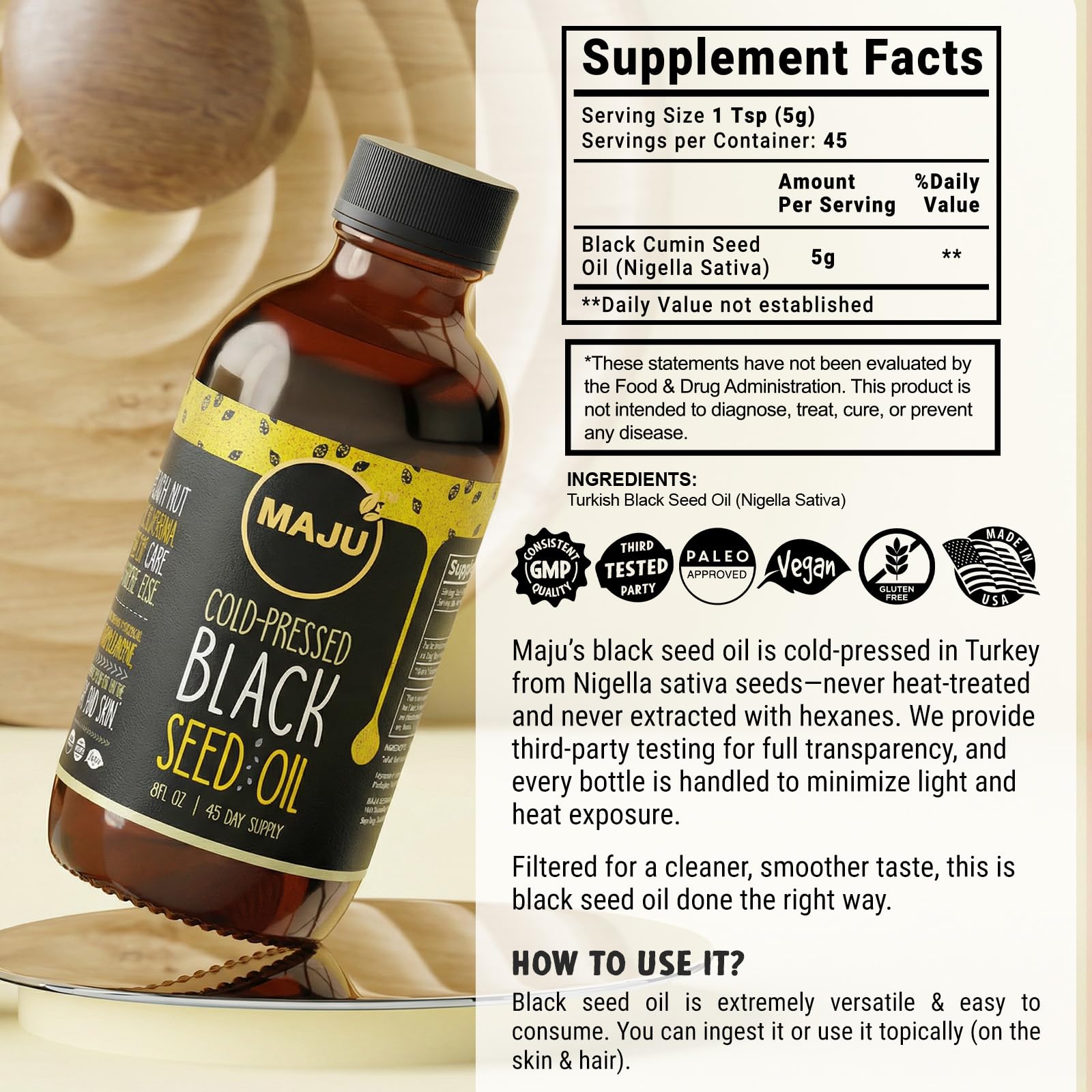 MAJU Black Seed Oil - Cold-Pressed Turkish Nigella Sativa

