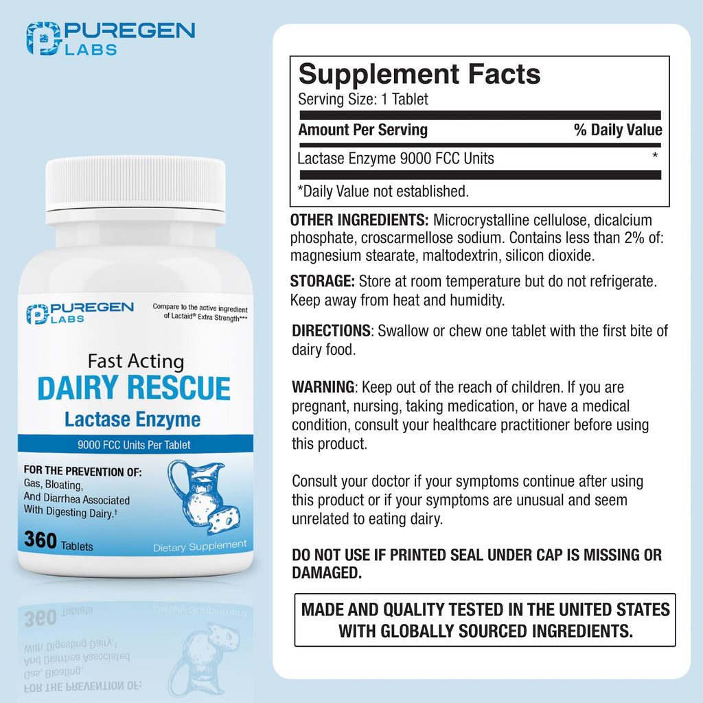 Puregen Labs Dairy Relief Lactase Enzyme Supplement

