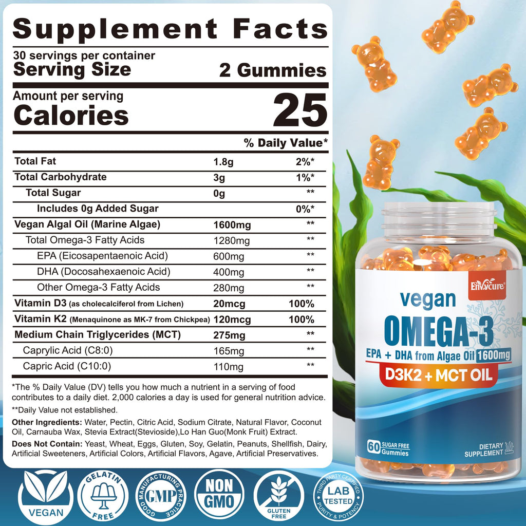 Vegan Omega-3 Gummies with Algae EPA DHA & Vitamin D3 K2

