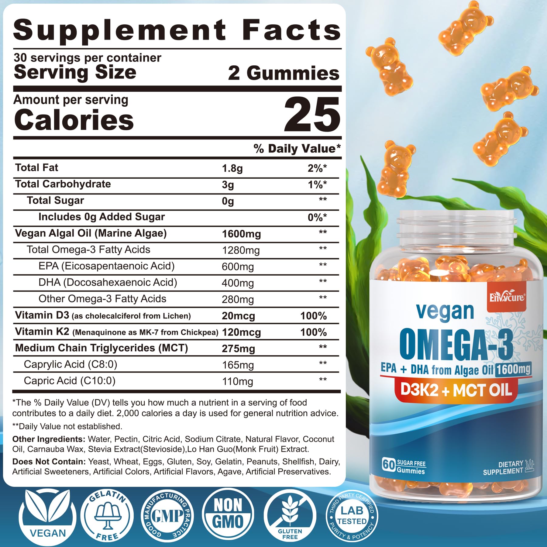 Vegan Omega-3 Gummies with Algae EPA DHA & Vitamin D3 K2

