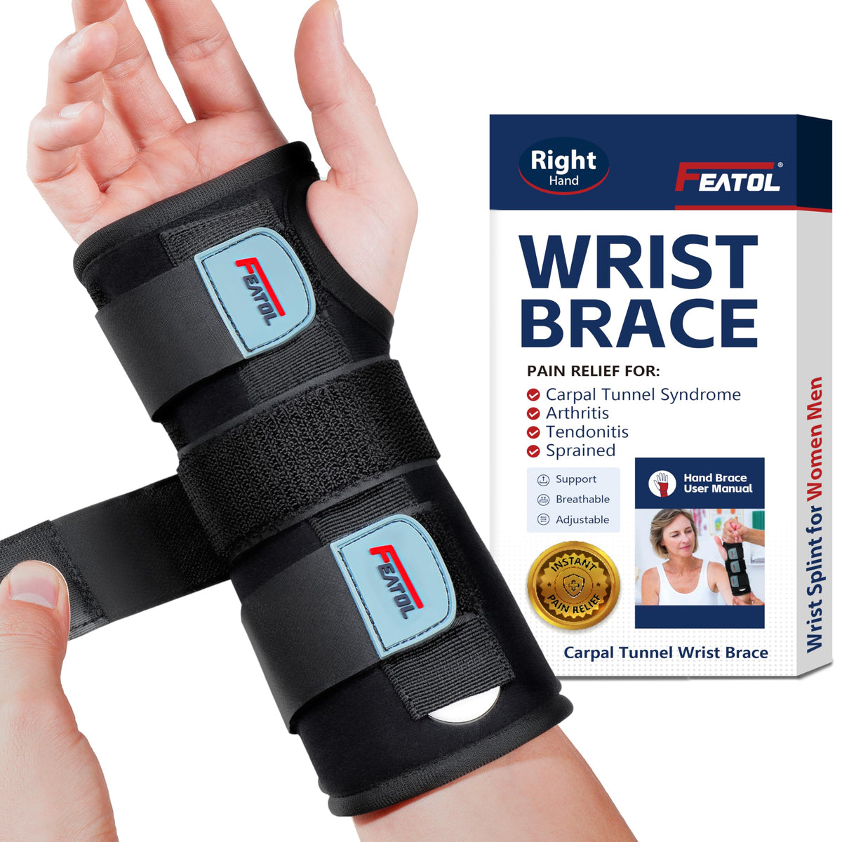 FEATOL Wrist Brace with Splints for Carpal Tunnel - Adjustable Night Support
