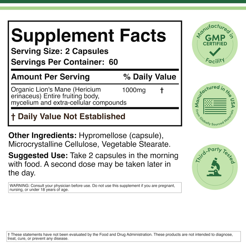 Lion’s Mane Mushroom Capsules by Double Wood | Focus Support

