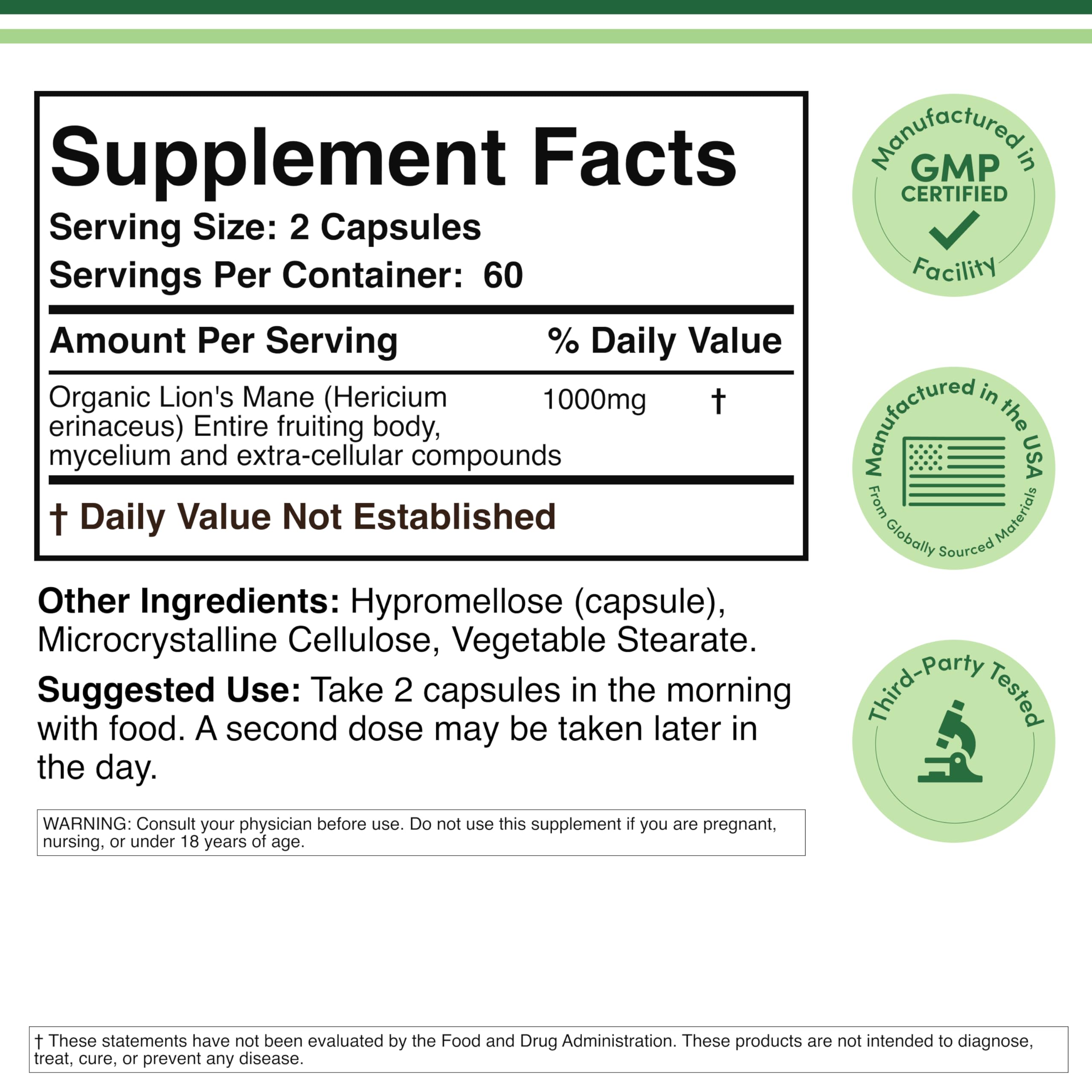 Lion’s Mane Mushroom Capsules by Double Wood | Focus Support

