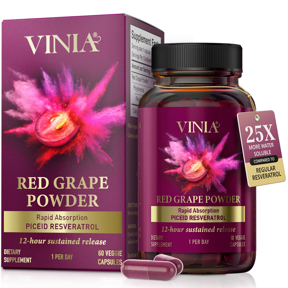 VINIA Piceid Resveratrol Capsules for Cardiovascular Support, Non-GMO Antioxidant from Red Grapes