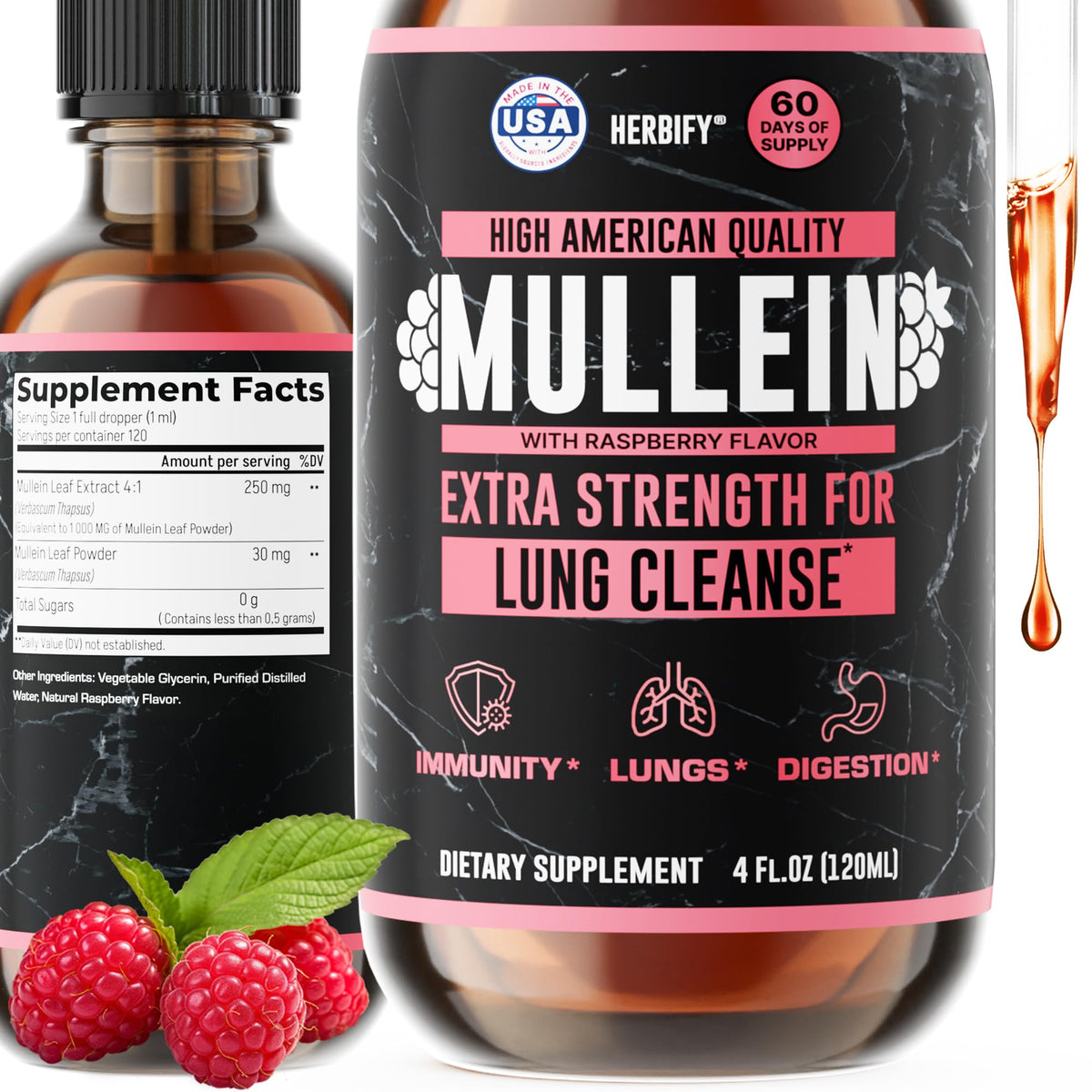 Herbify Mullein Drops Lung Cleanse - Leaf Extract for Respiratory Support