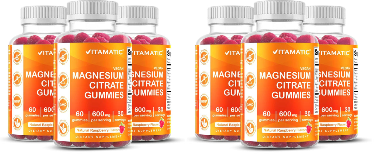 Vitamatic Magnesium Gummies 600 mg per Serving - Vegan Raspberry Flavor