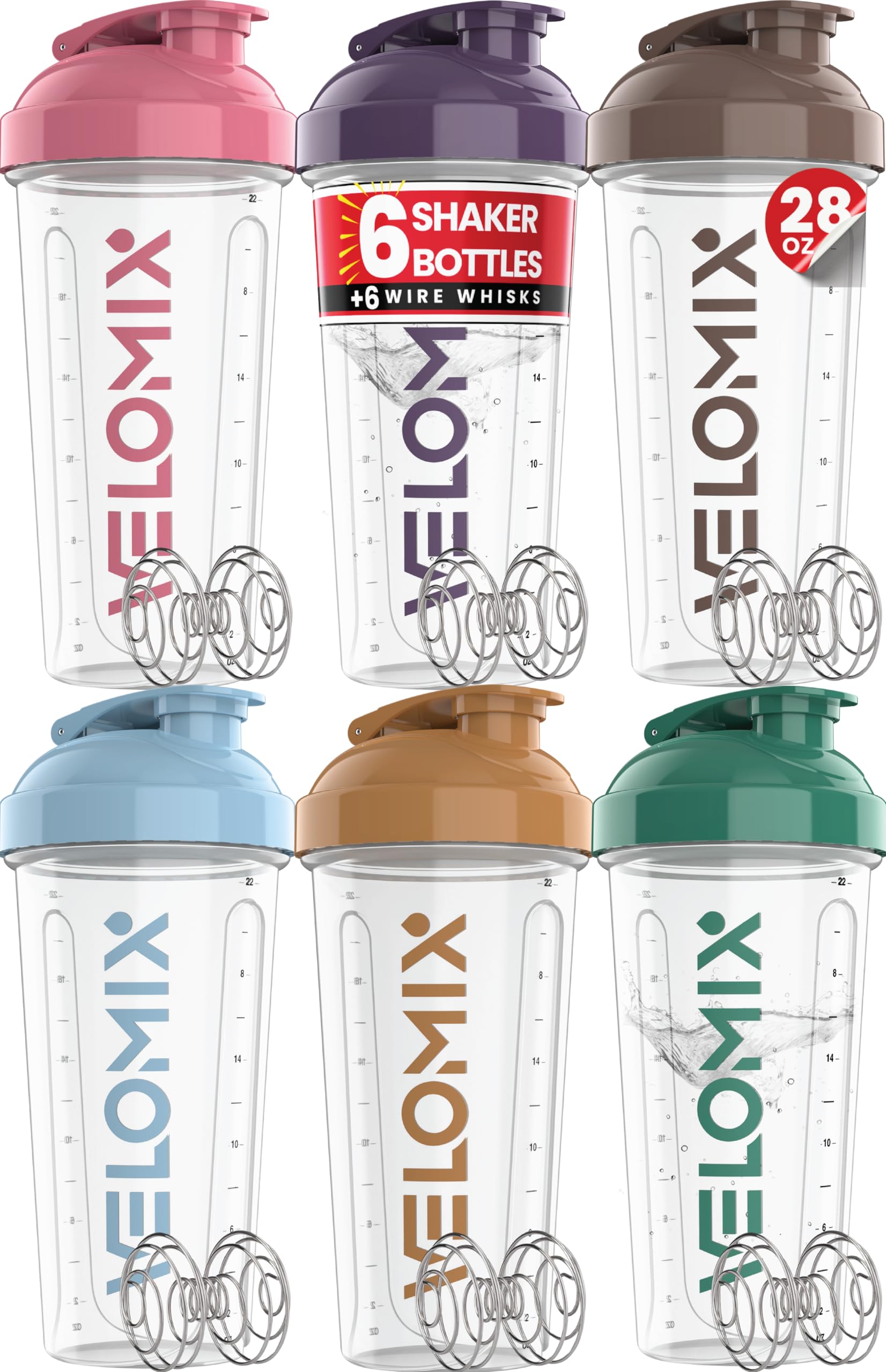 VELOMIX 28 oz Protein Shaker Bottle with 6 Wire Whisk Balls BPA-Free Leak-Proof
