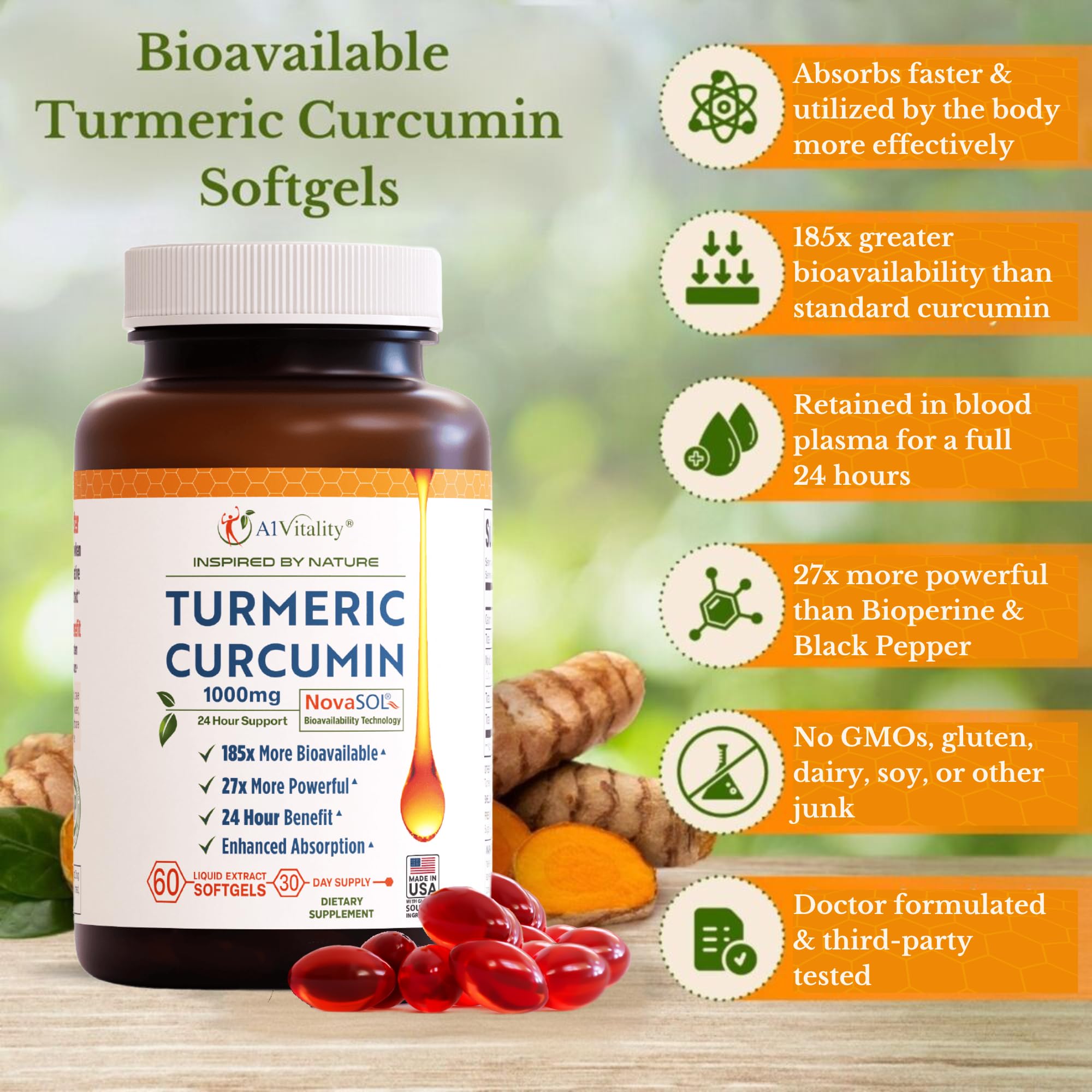 A1Vitality NovaSOL Turmeric Curcumin 1000mg Softgels


