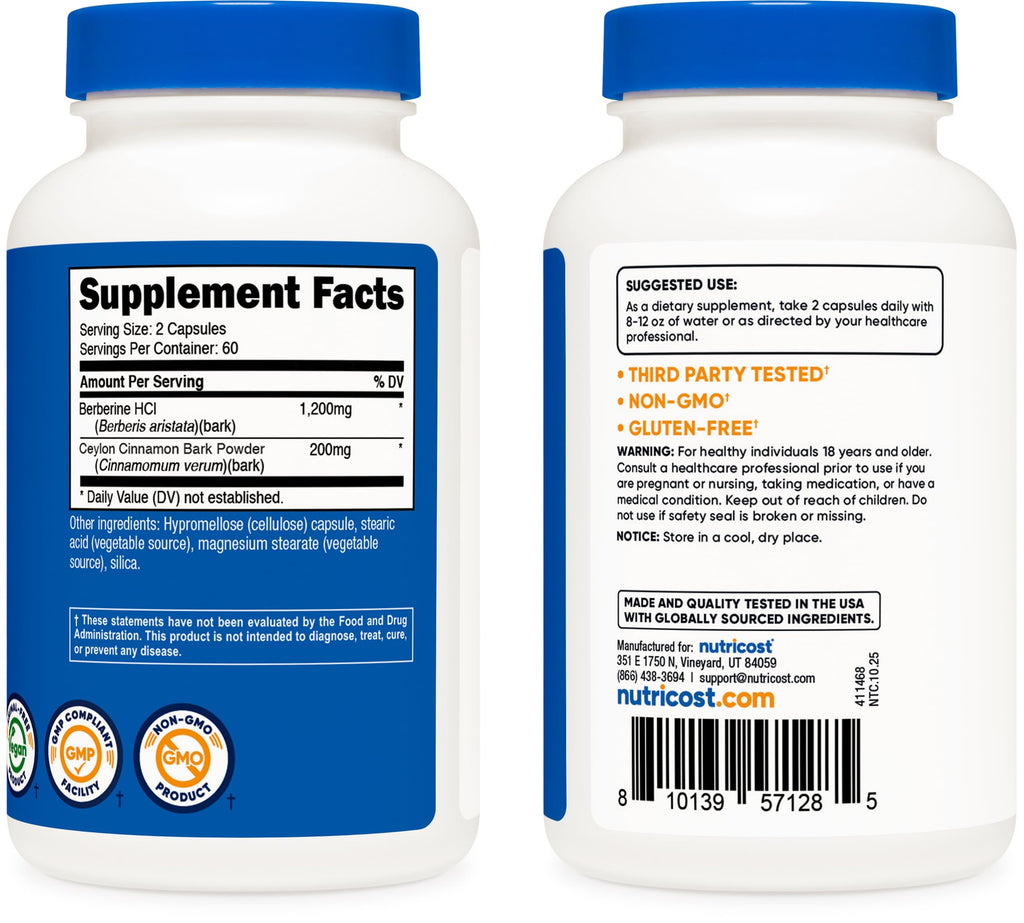 Nutricost Berberine HCl with Ceylon Cinnamon Supplement

