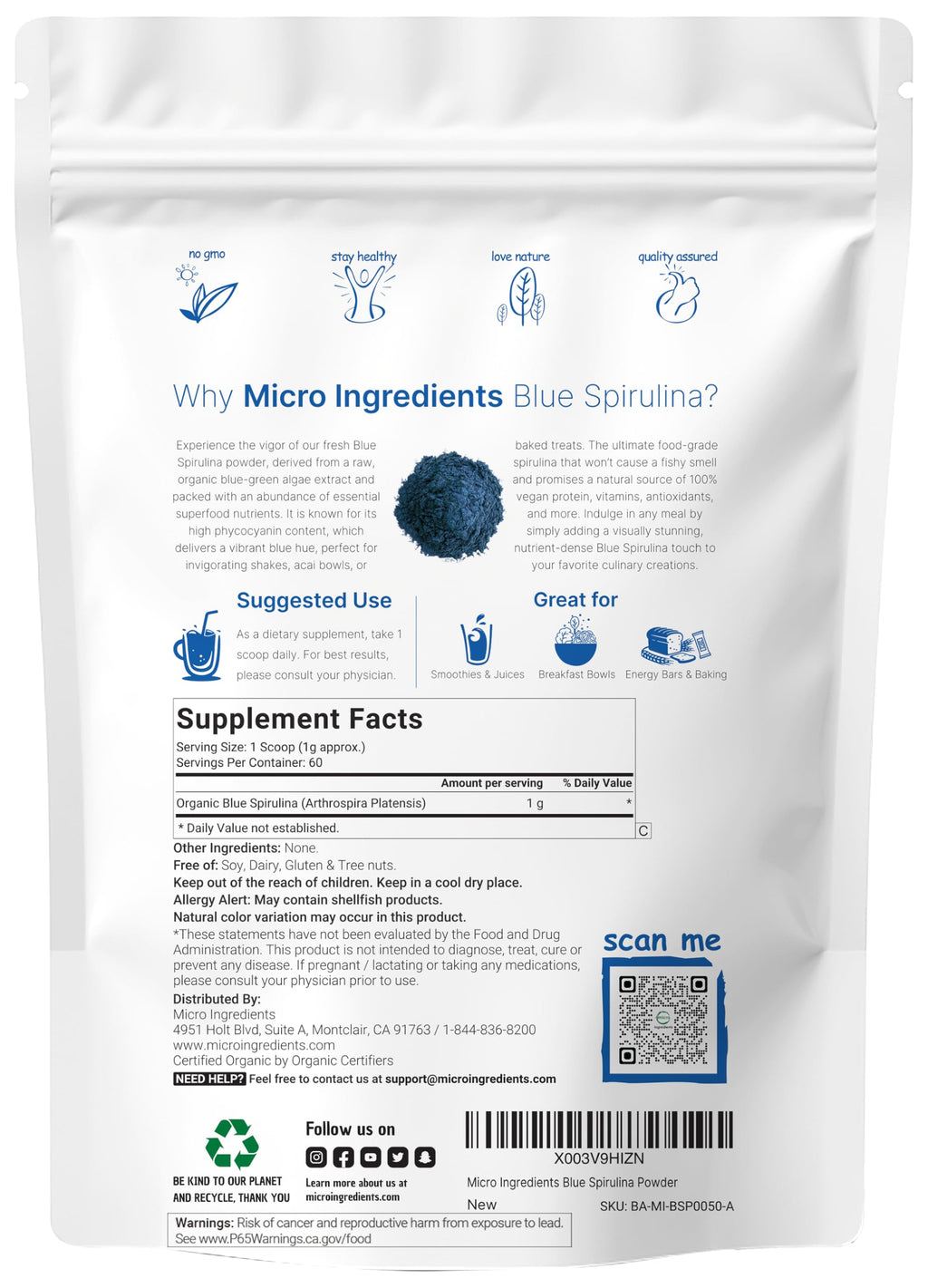 Micro Ingredients Organic Blue Spirulina Powder Phycocyanin

