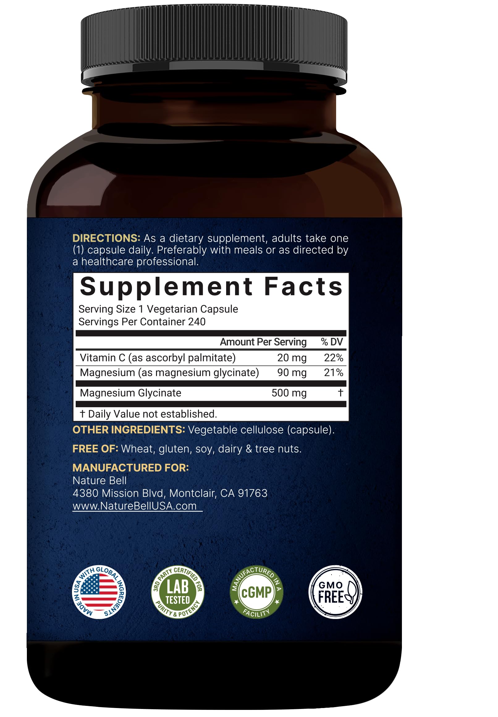 Magnesium Glycinate 500mg with Vitamin C | Veggie Capsules

